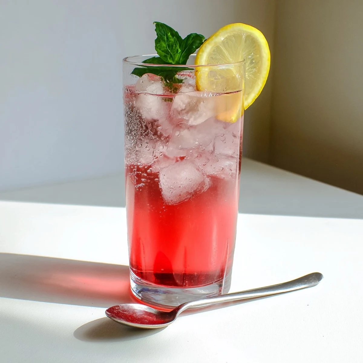 Sparkling Honey Lemon Pink Soda served over ice with fresh mint garnish
