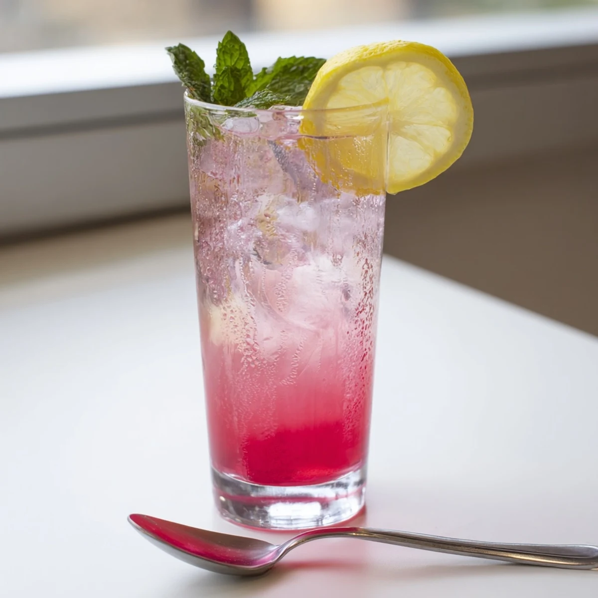 Chilled Honey Lemon Pink Soda garnished with mint leaves and bright citrus wedges
