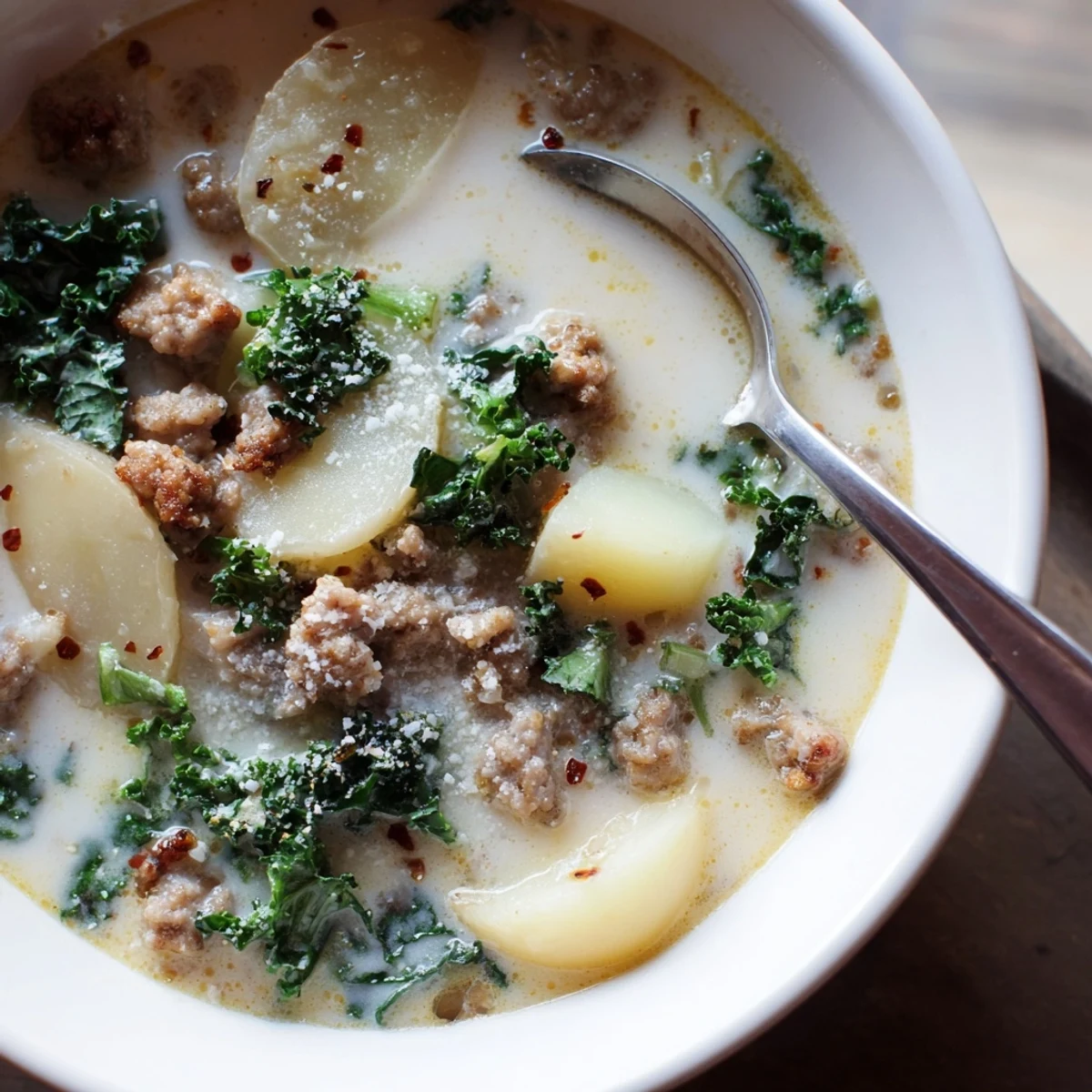 Creamy Zuppa Toscana soup loaded with sausage, potatoes, and wilted kale
