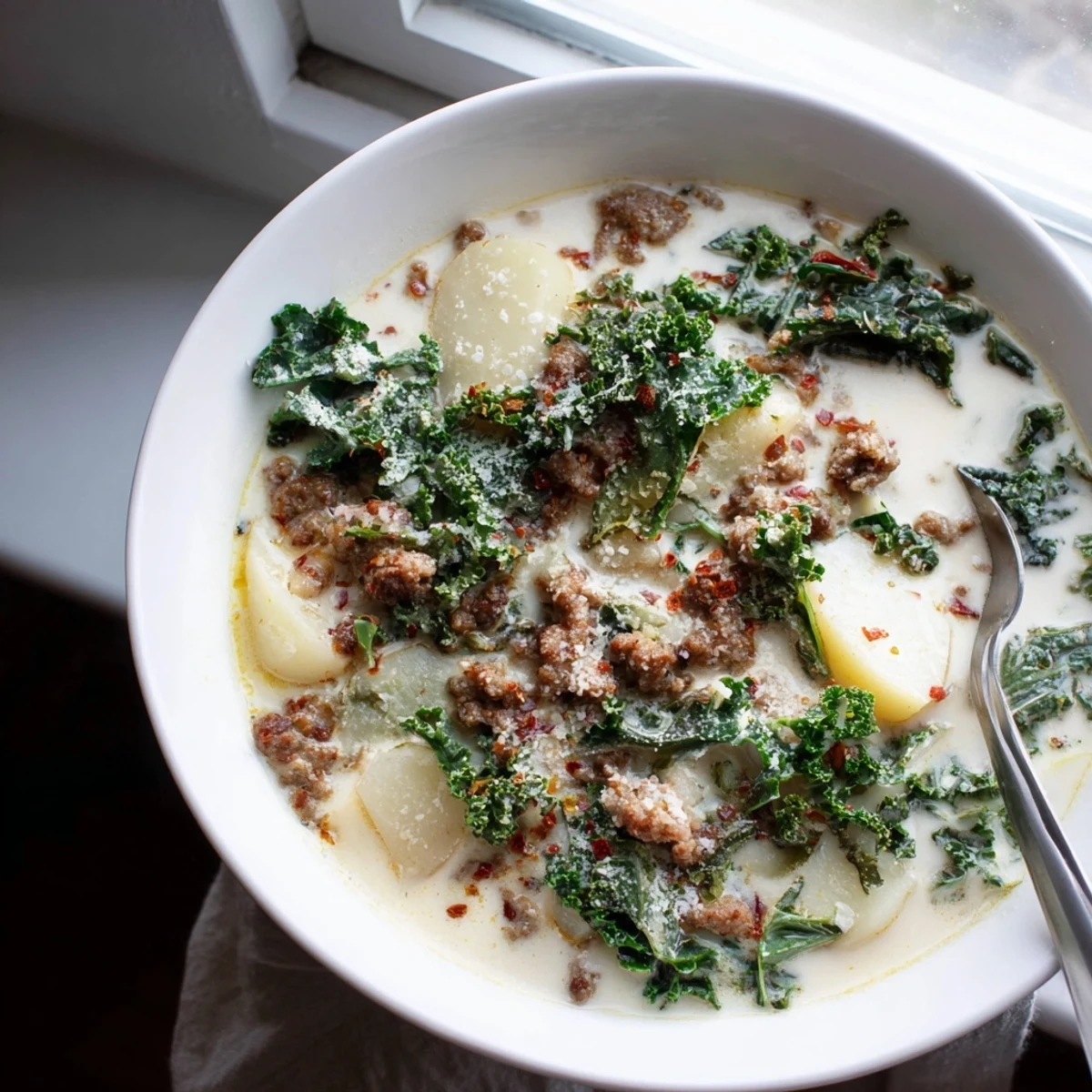 Steaming bowl of Zuppa Toscana soup topped with grated Parmesan cheese