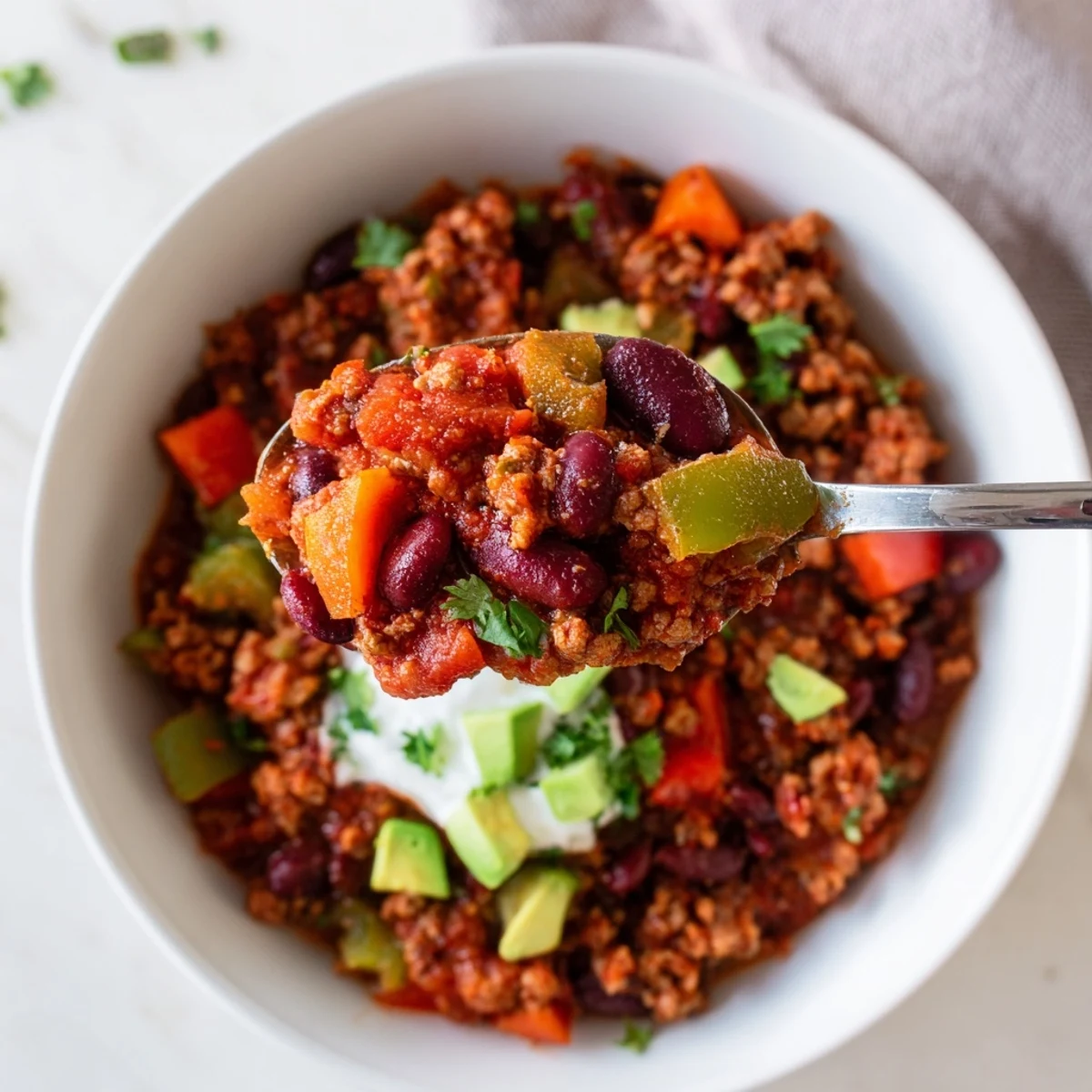 Steaming bowl of diabetic chili recipe topped with fresh avocado and cilantro