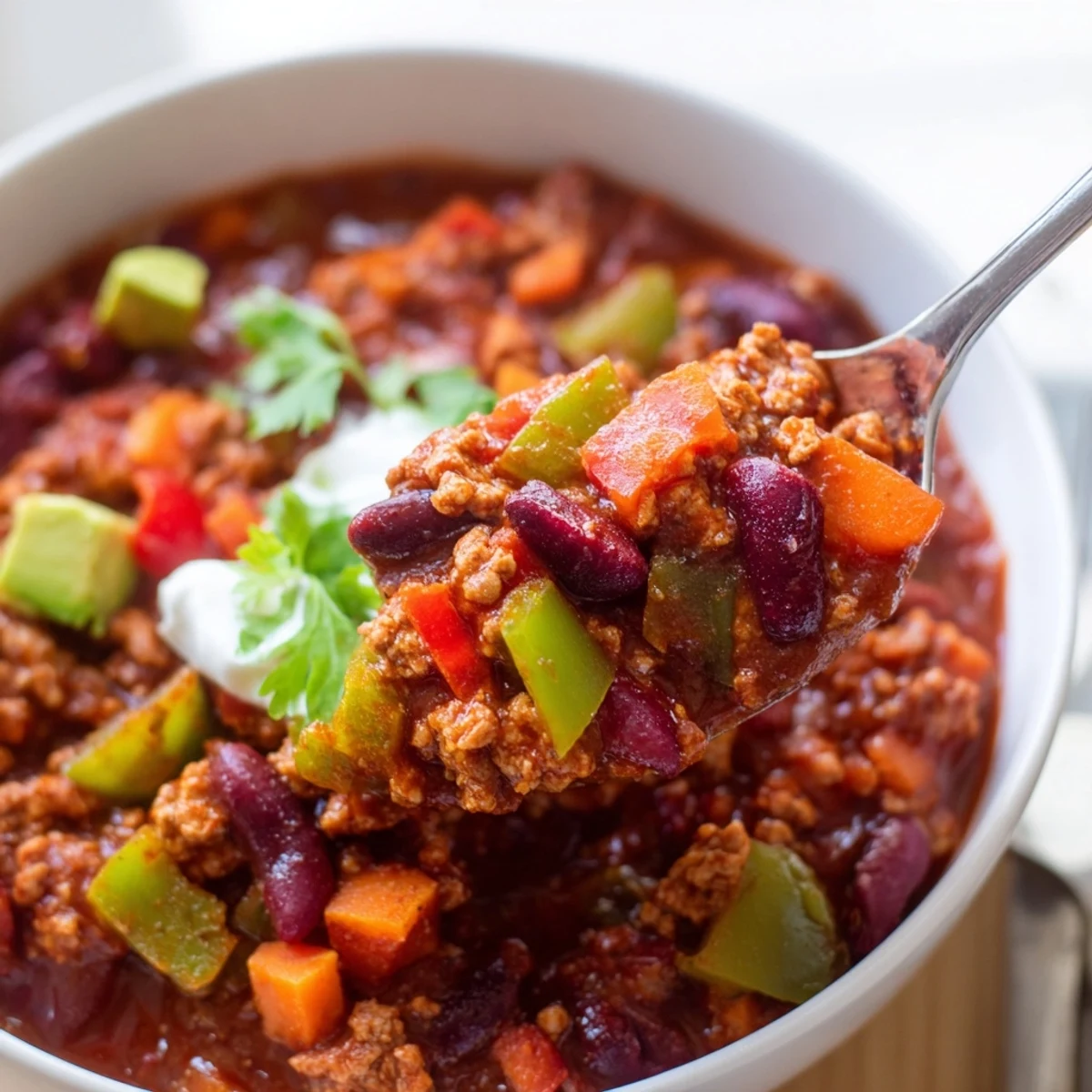 Thick spoonful of diabetic chili recipe loaded with lean turkey and vegetables