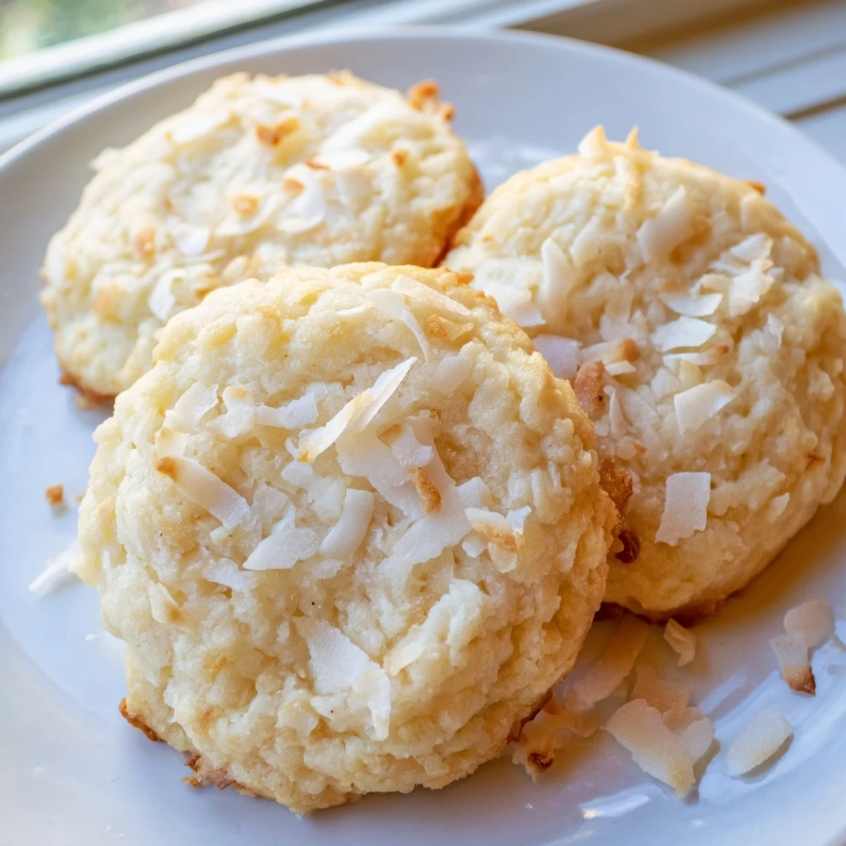 Golden soft and buttery coconut cookies with crisp edges cooling on a wire rack
