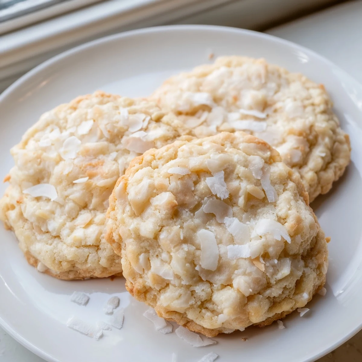Soft and buttery coconut cookies arranged on a rustic plate for sharing