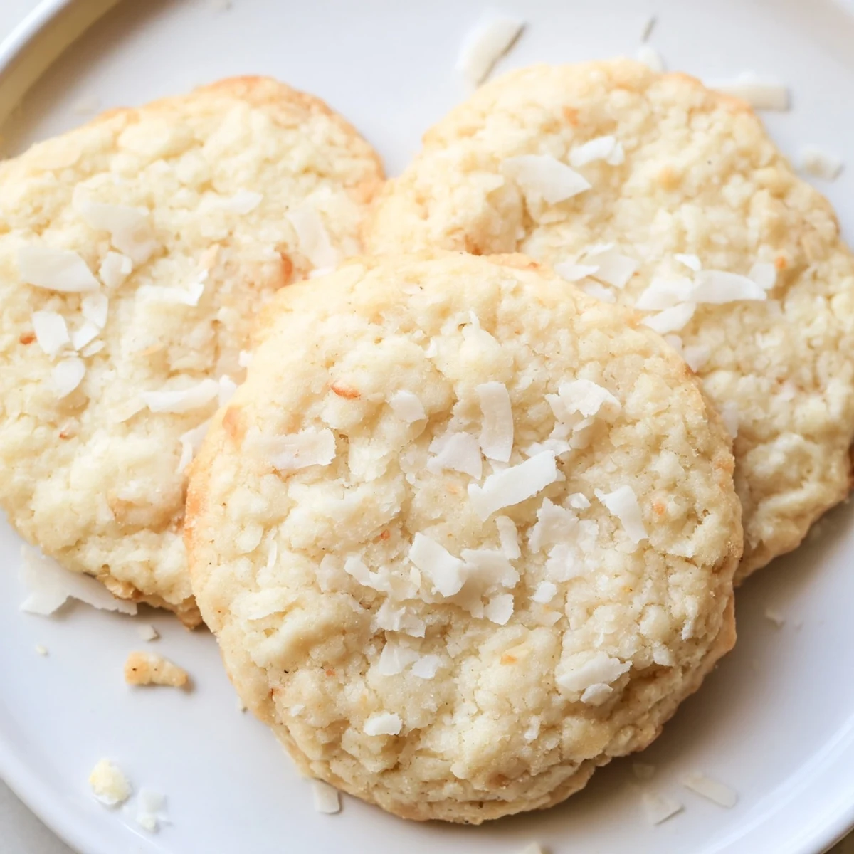 Close-up of soft and buttery coconut cookies with toasted coconut flecks throughout