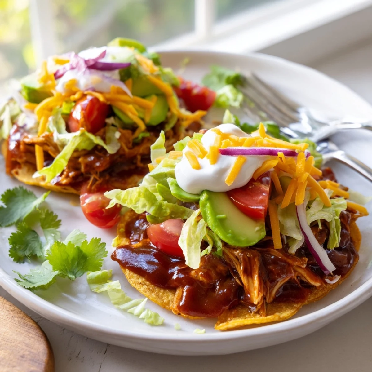 Golden tostada shells topped with tender sweet smoky BBQ chicken, melted cheese, and cilantro