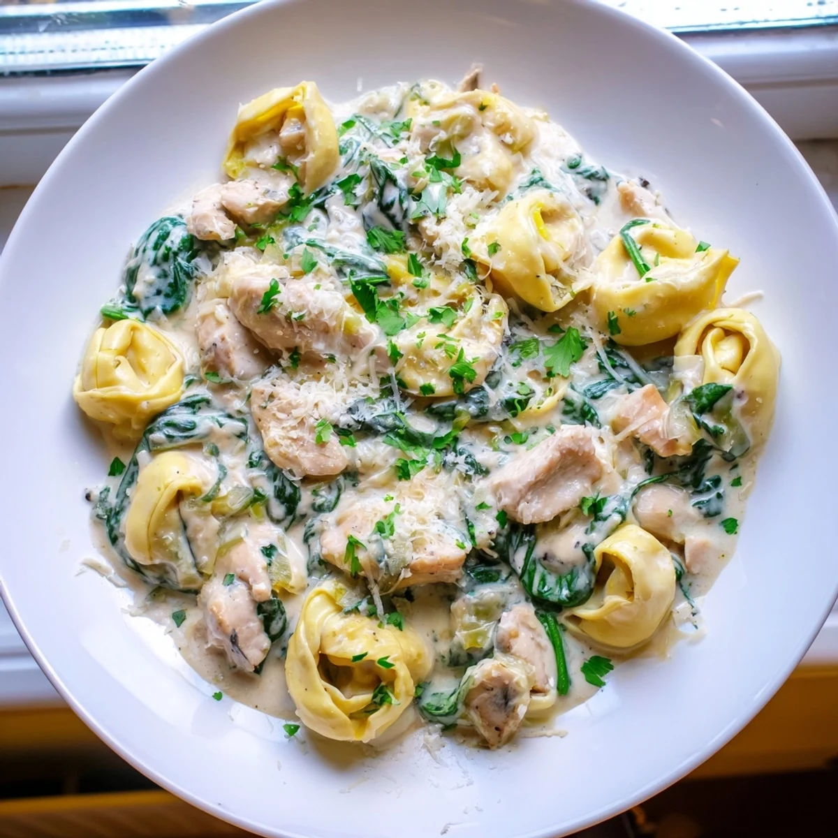 Creamy garlic chicken tortellini with spinach served in a rustic white bowl