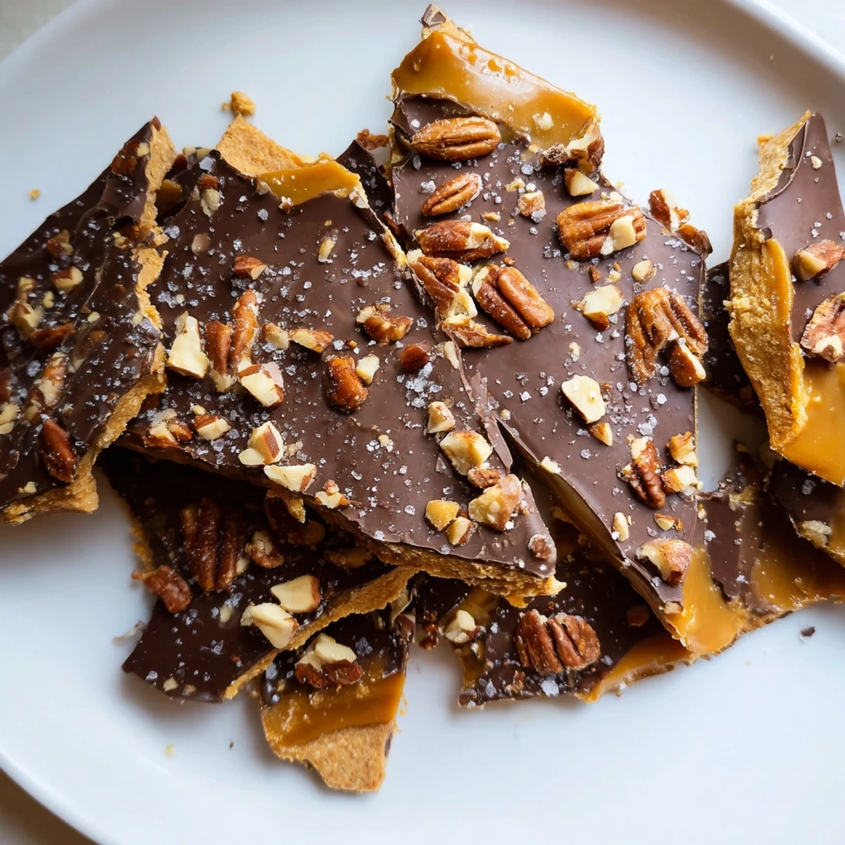 Golden pecan pie bark with gooey caramel, toasted nuts, and melted chocolate