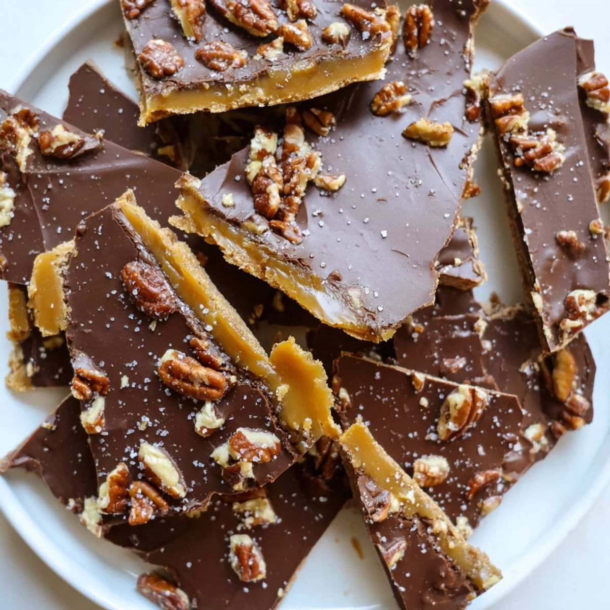 Crisp pecan pie bark topped with caramel-coated roasted pecans and a glossy finish