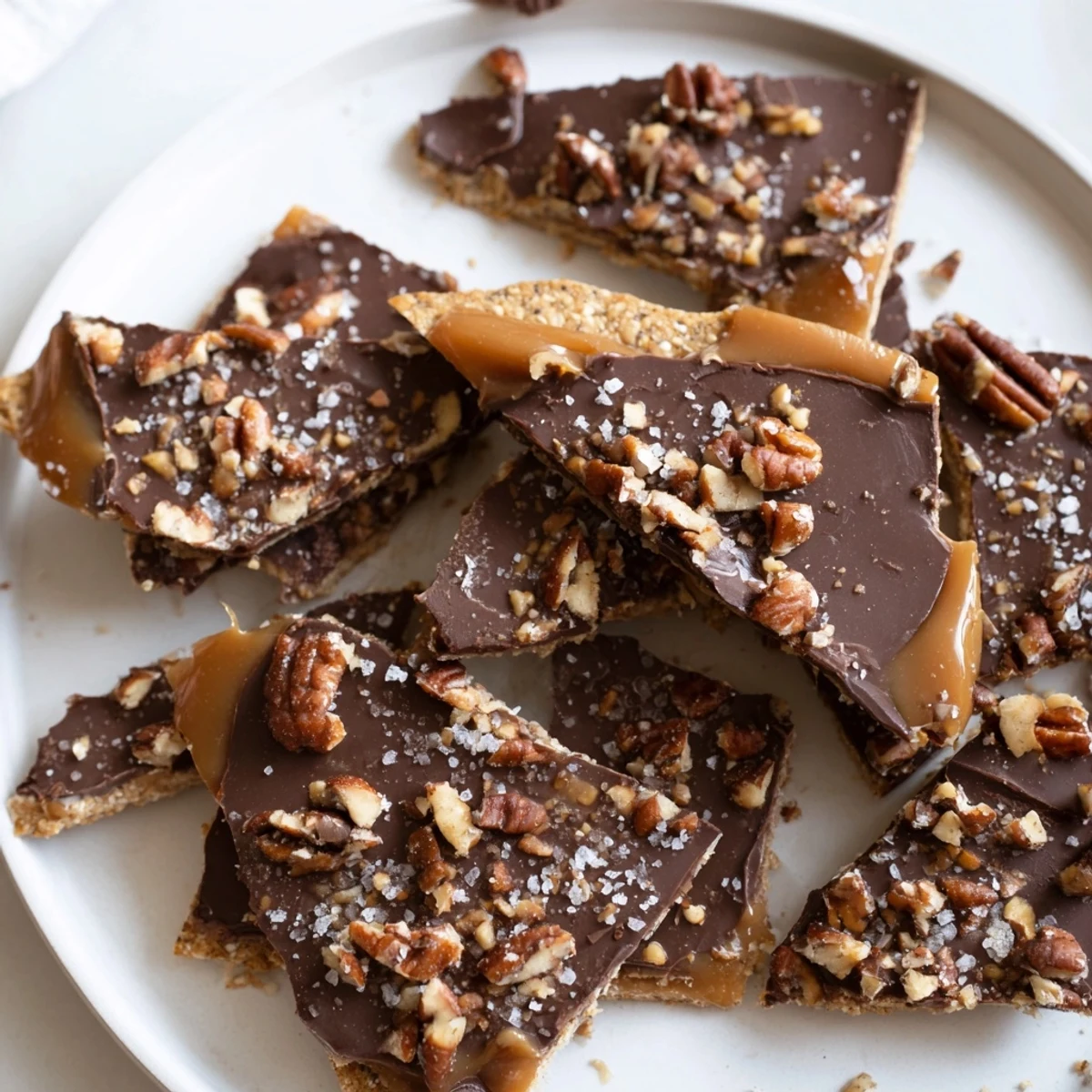 Buttery pecan pie bark broken into rustic shards drizzled with rich chocolate