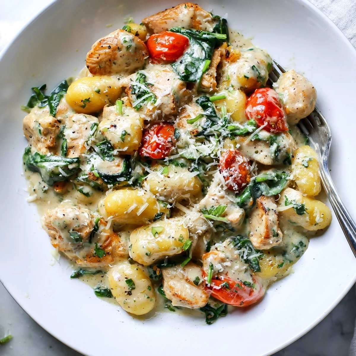 Creamy Herb Chicken Gnocchi Skillet served steaming in a cast iron pan with wilted spinach and melted Parmesan