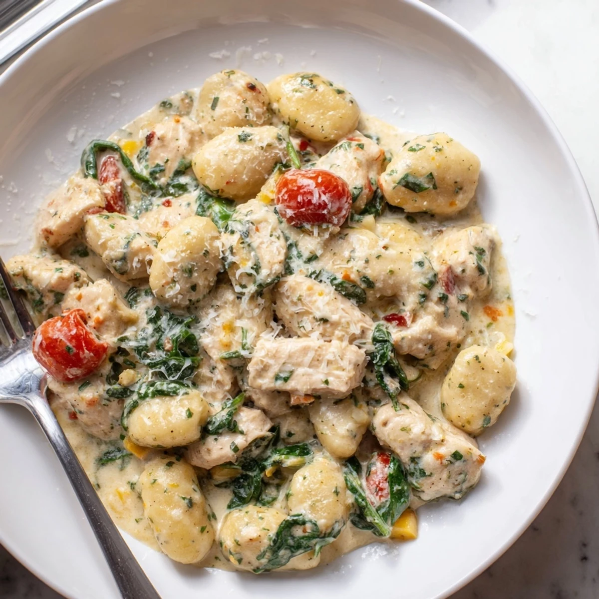 Golden seared chicken and pillowy gnocchi swim in a rich, creamy herb sauce sprinkled with fresh parsley