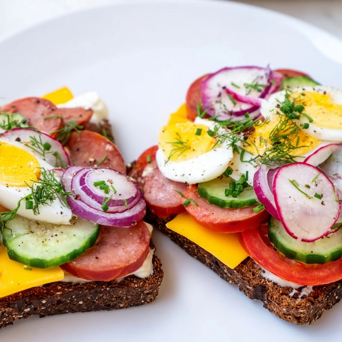Open Faced Polish Sandwiches with kielbasa, egg, and fresh vegetables on rye bread