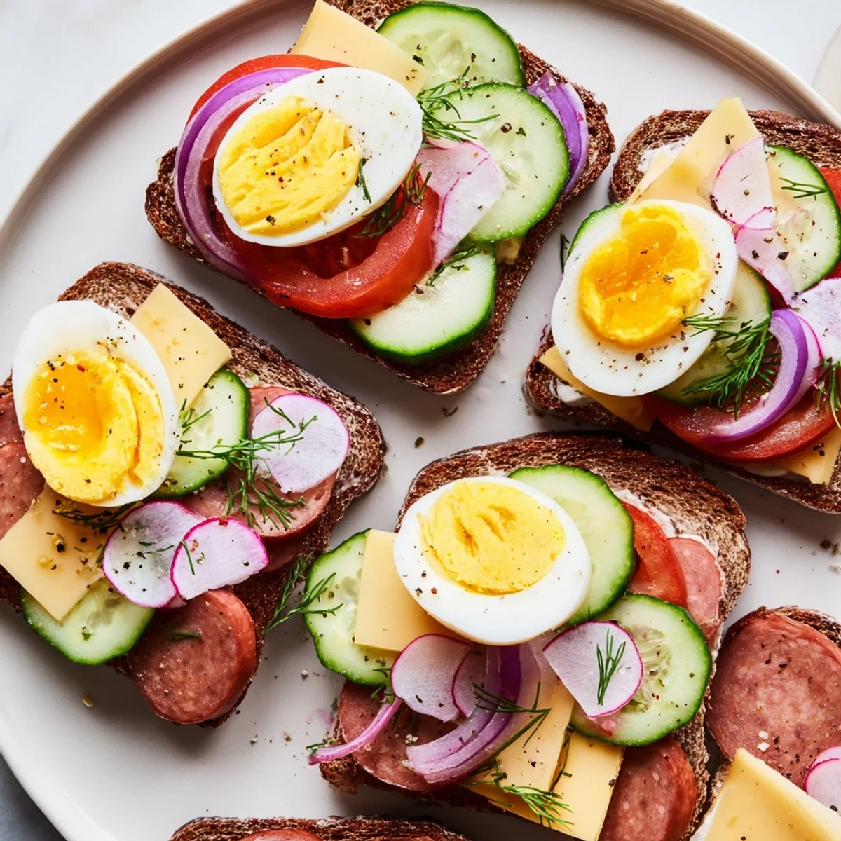 Colorful Open Faced Polish Sandwiches layered with cheese, tomato, and fragrant dill garnish