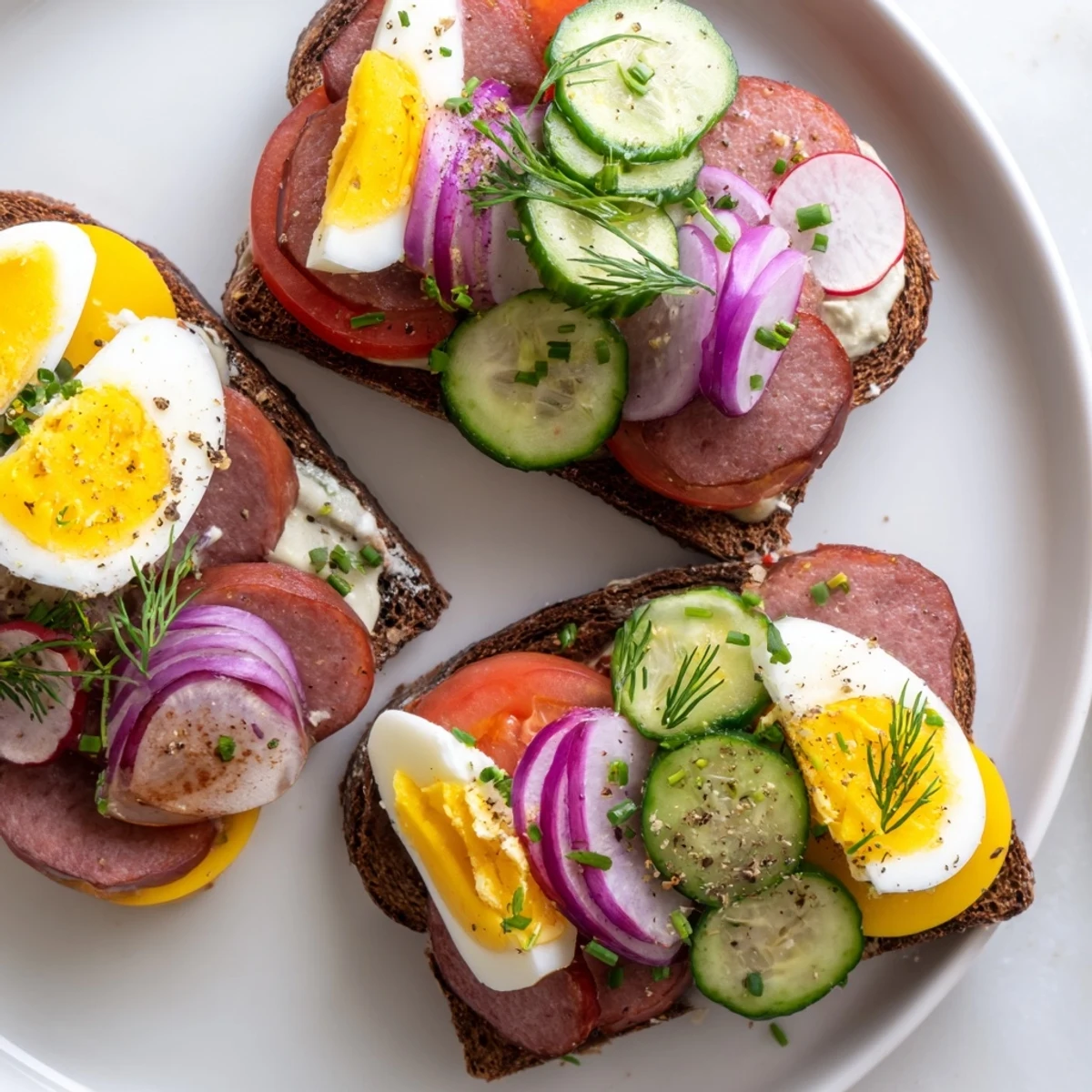Crispy rye topped Open Faced Polish Sandwiches featuring sliced radish, cucumber, and melted Gouda