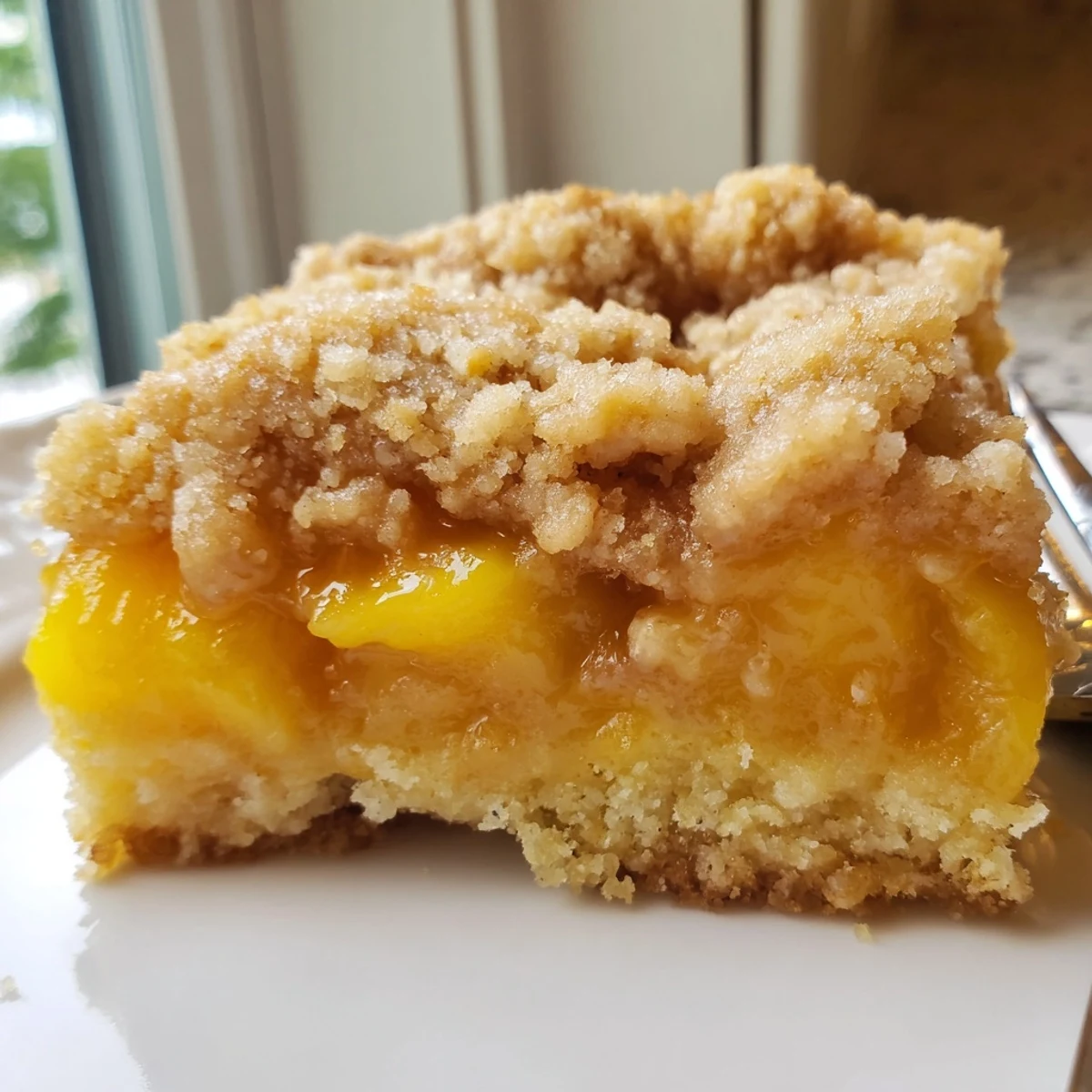 Golden sweet and buttery peach bars with cinnamon streusel fresh from the oven