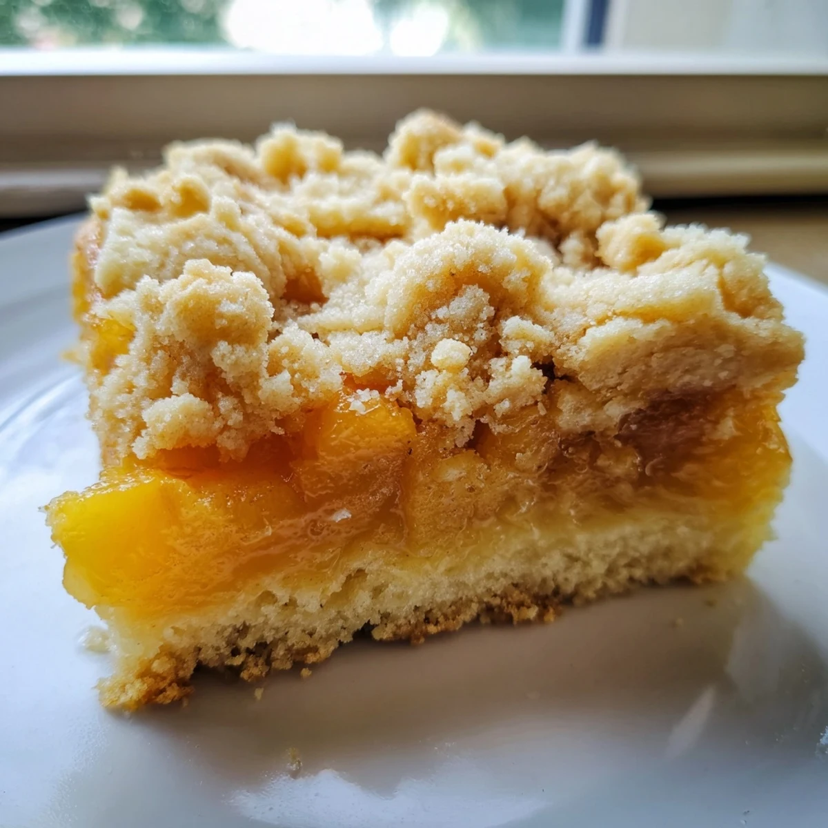 Crumbled cinnamon streusel topping over juicy sweet and buttery peach bars served warm