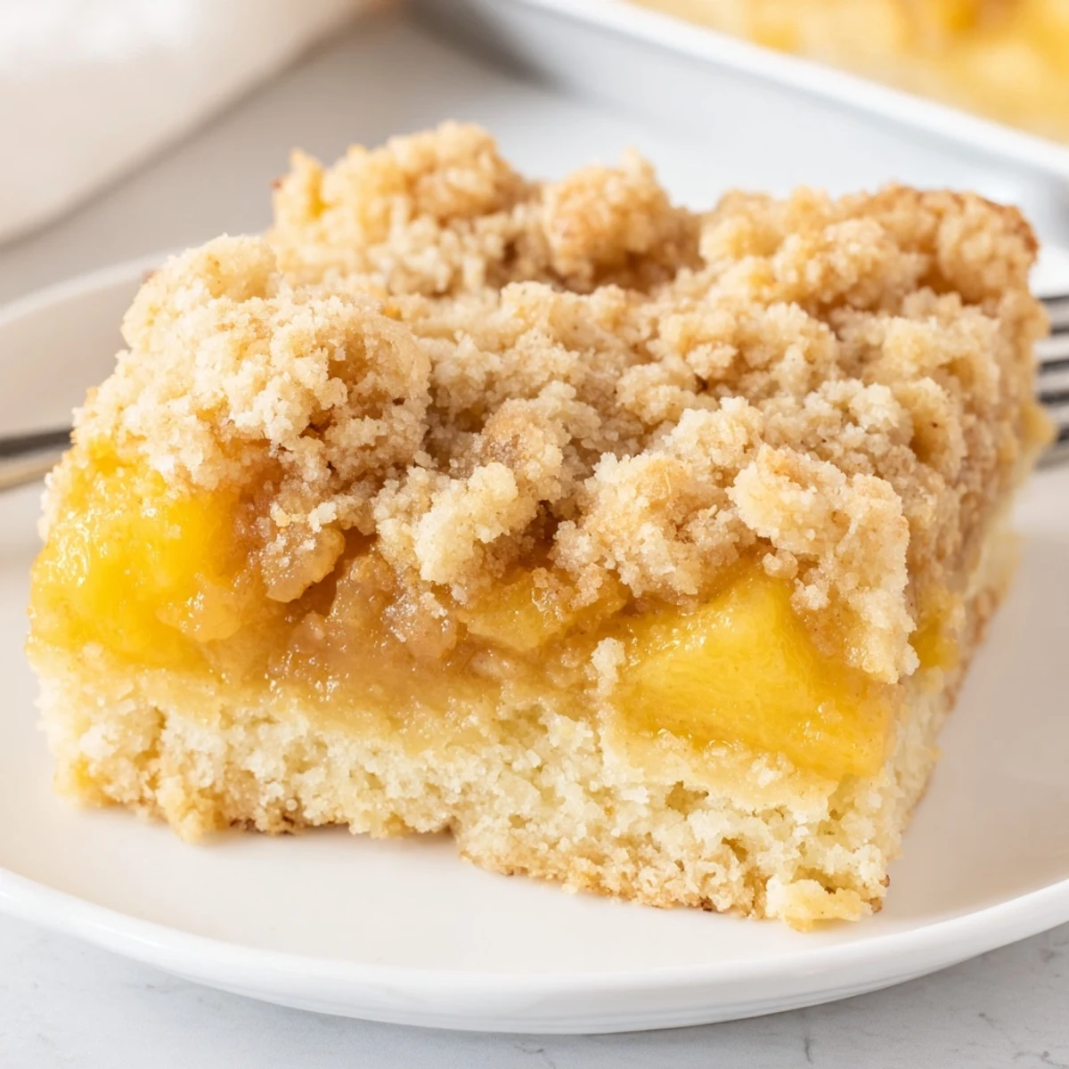 Sweet and buttery peach bars with cinnamon streusel cut into gooey squares