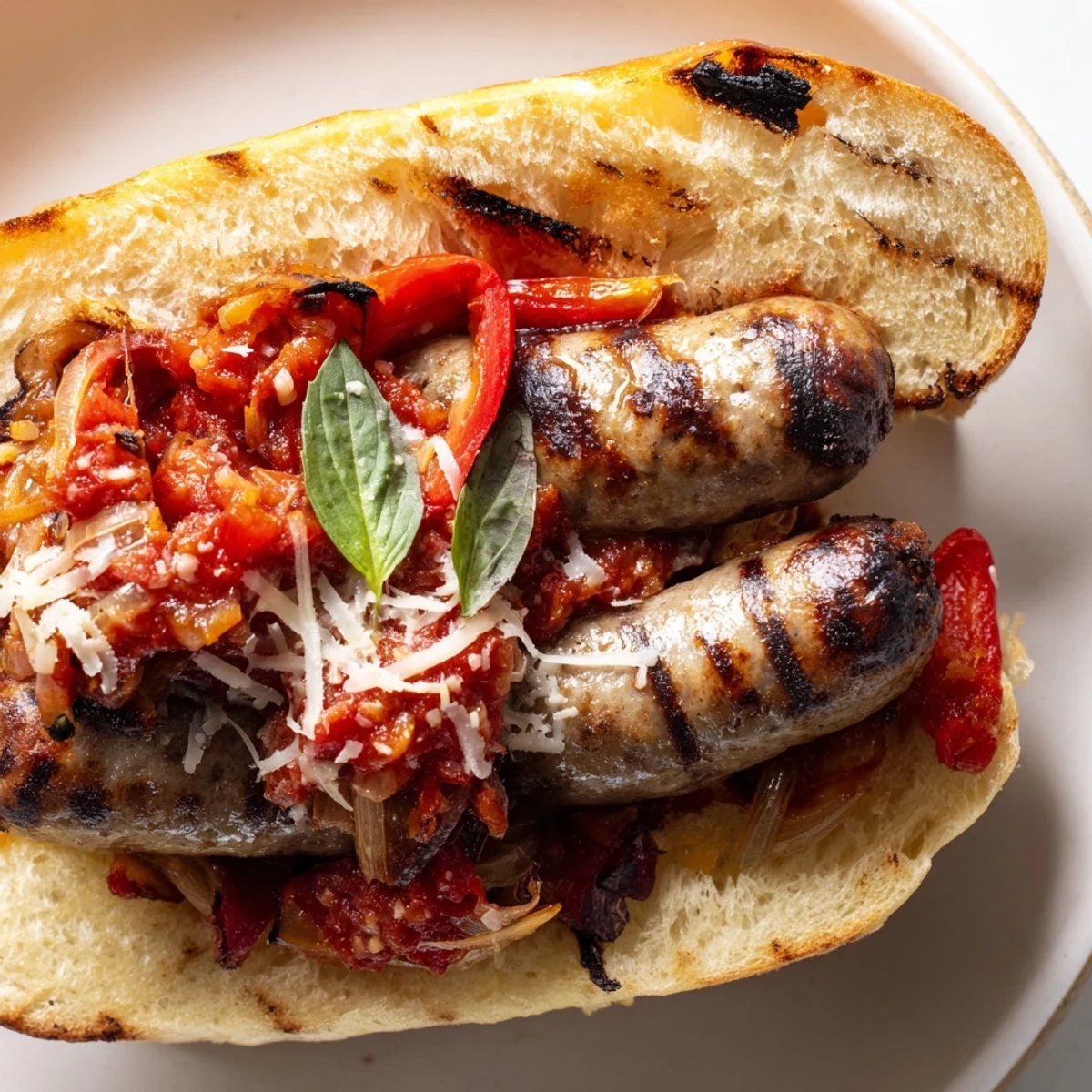 Grilled sausage grinders with smoky charred tomato sauce on golden toasted hoagie rolls