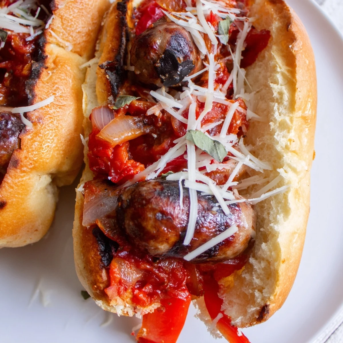 Crusty grinder rolls filled with juicy grilled sausages and melted mozzarella cheese topping
