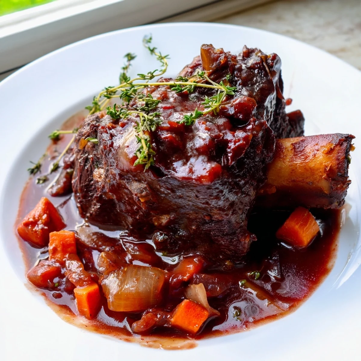 Fall-off-the-bone oven braised beef short ribs draped in a rich, glossy red wine sauce