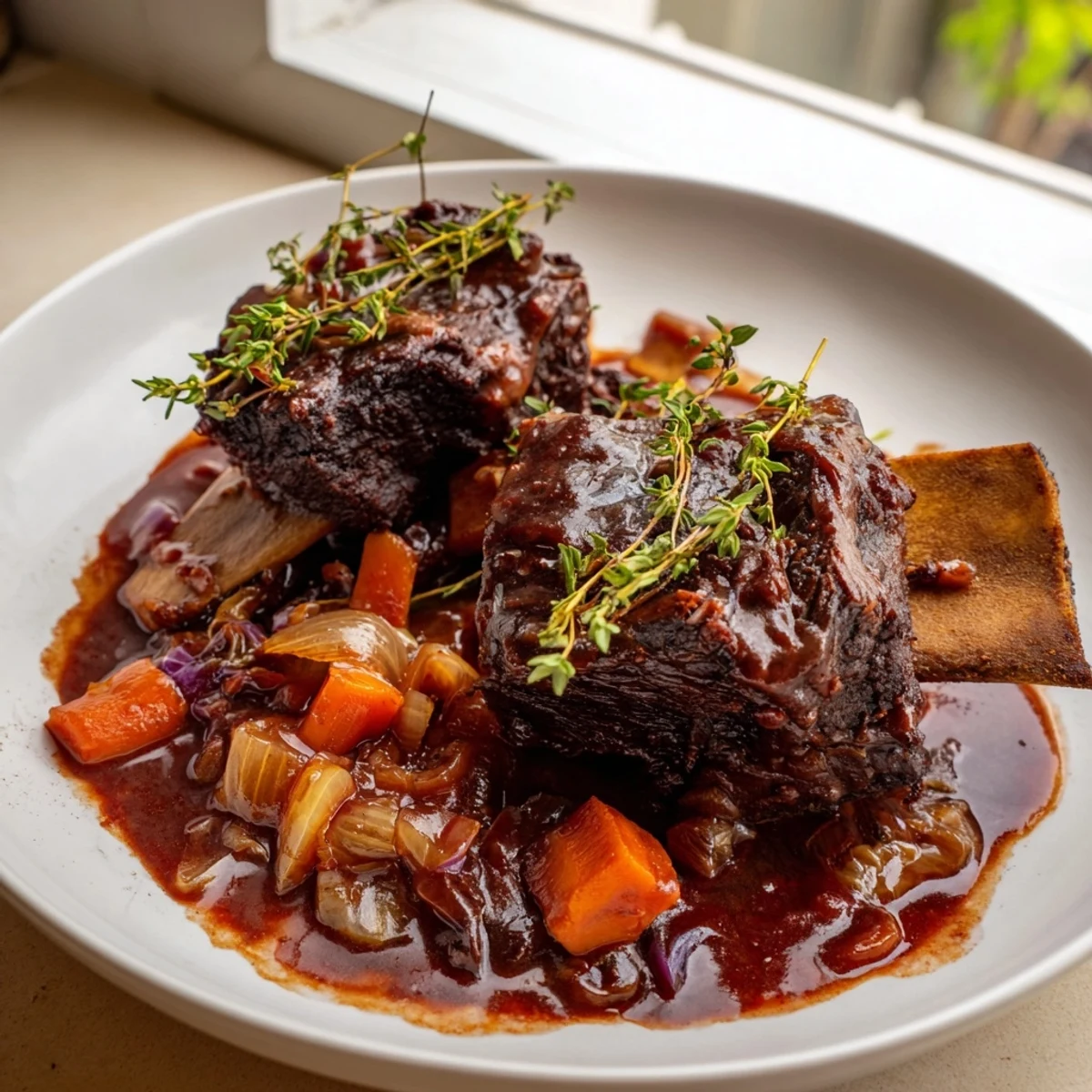 Tender oven braised beef short ribs nestled atop creamy mashed potatoes with herb-flecked gravy