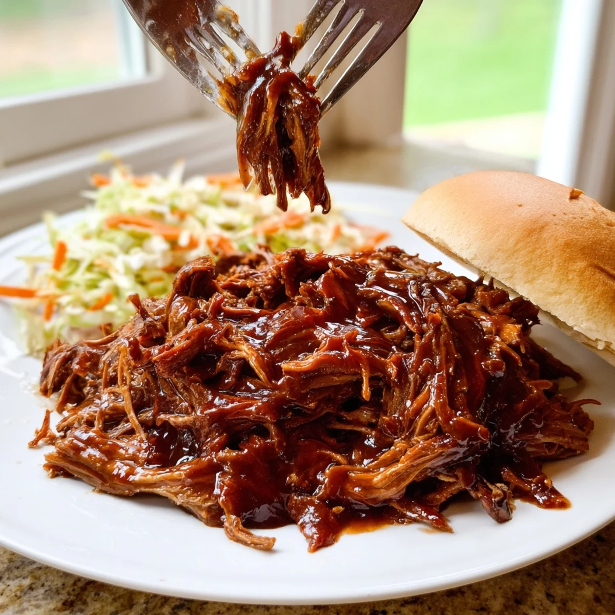 Slow Cooker BBQ Pulled Beef piled high on a toasted bun with creamy coleslaw