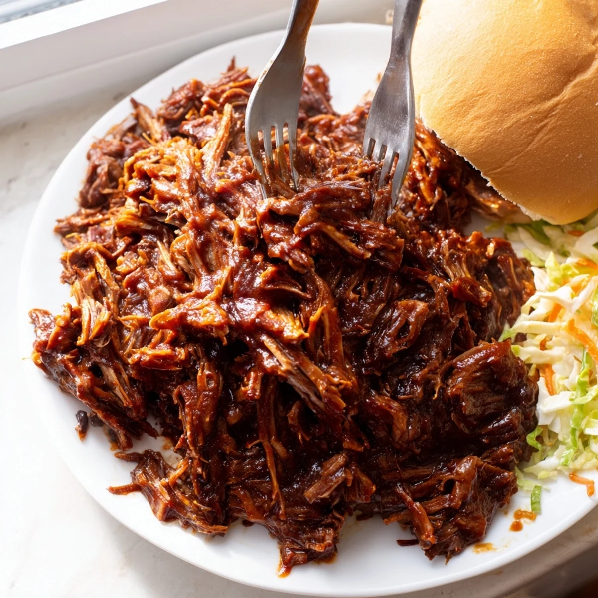Tender shredded Slow Cooker BBQ Pulled Beef glistening with tangy sweet smoky sauce