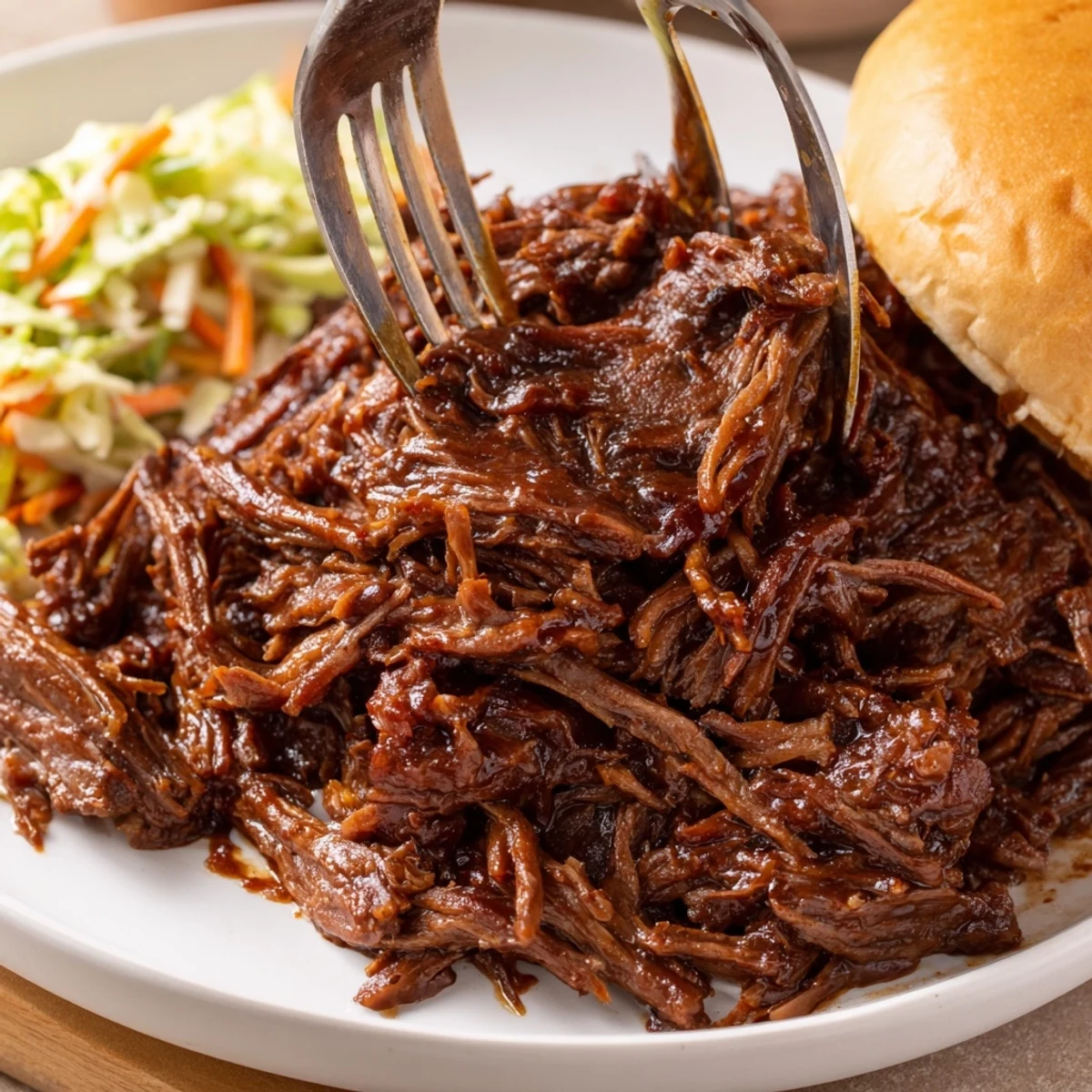 Hearty Slow Cooker BBQ Pulled Beef falling apart on a plate with pickles and buns