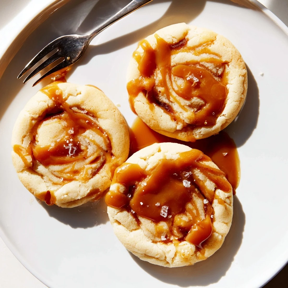 Soft caramel cheesecake cookies with golden edges and gooey caramel swirls on parchment