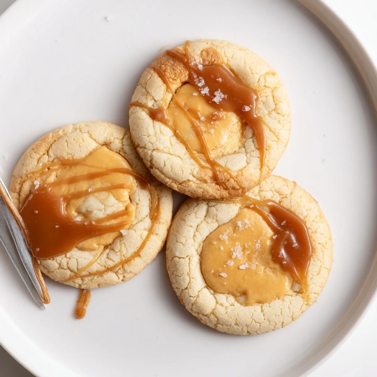 Bite-sized caramel cheesecake cookies with cracked surfaces and luscious caramel pools served warm