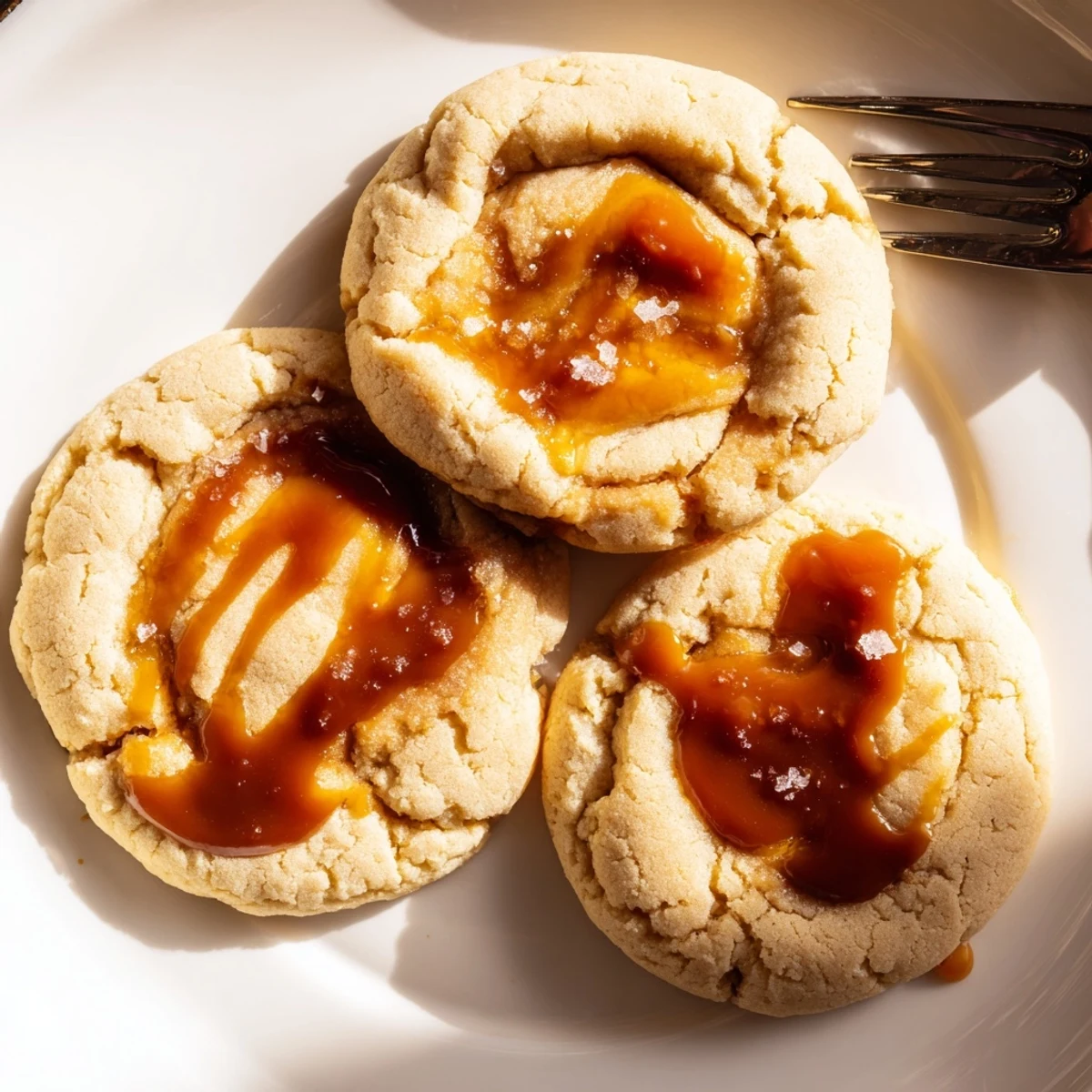 Creamy caramel cheesecake cookies topped with rich caramel drizzle on a cooling rack