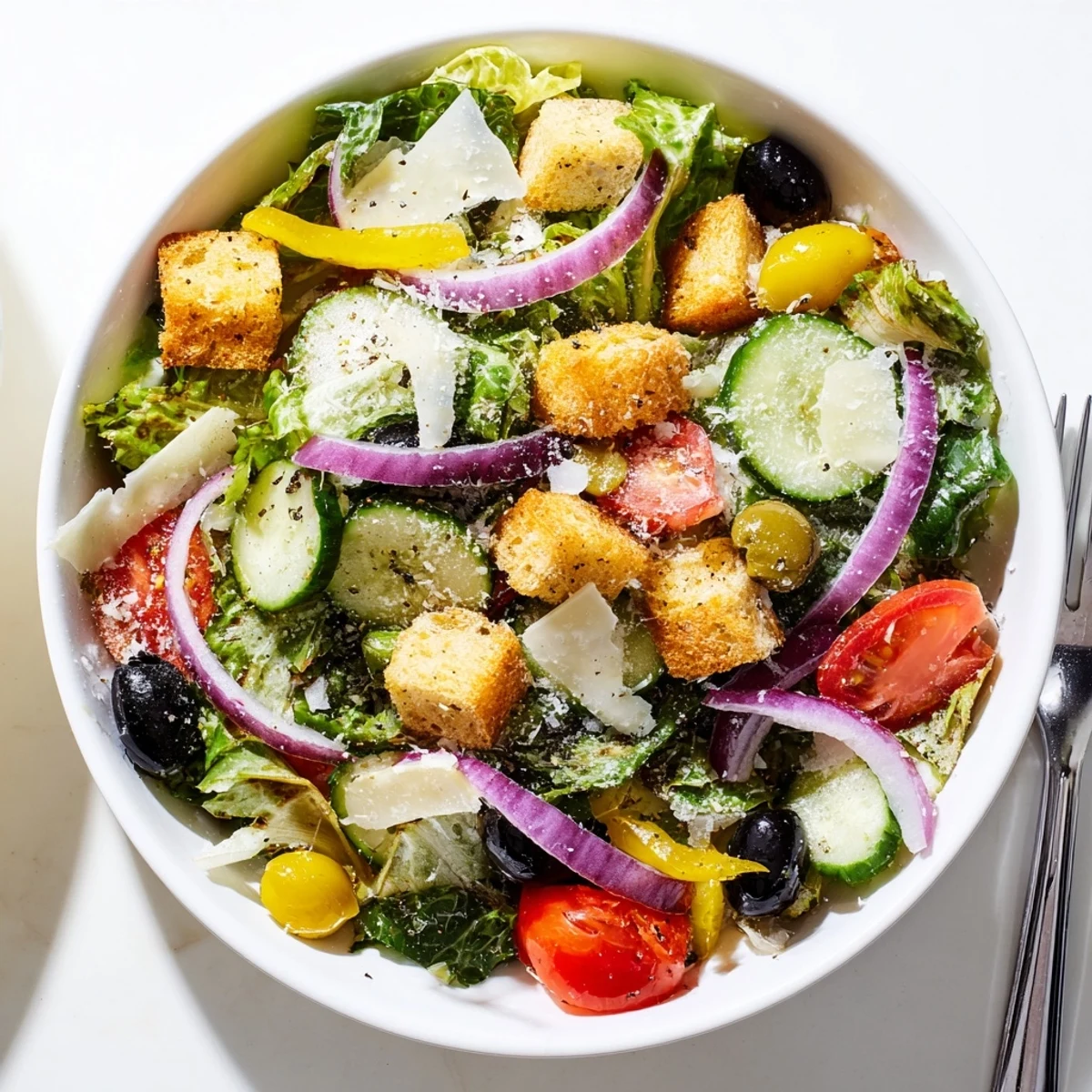 Golden garlic croutons crown this vibrant Olive Garden Salad drizzled with herb-infused Italian dressing