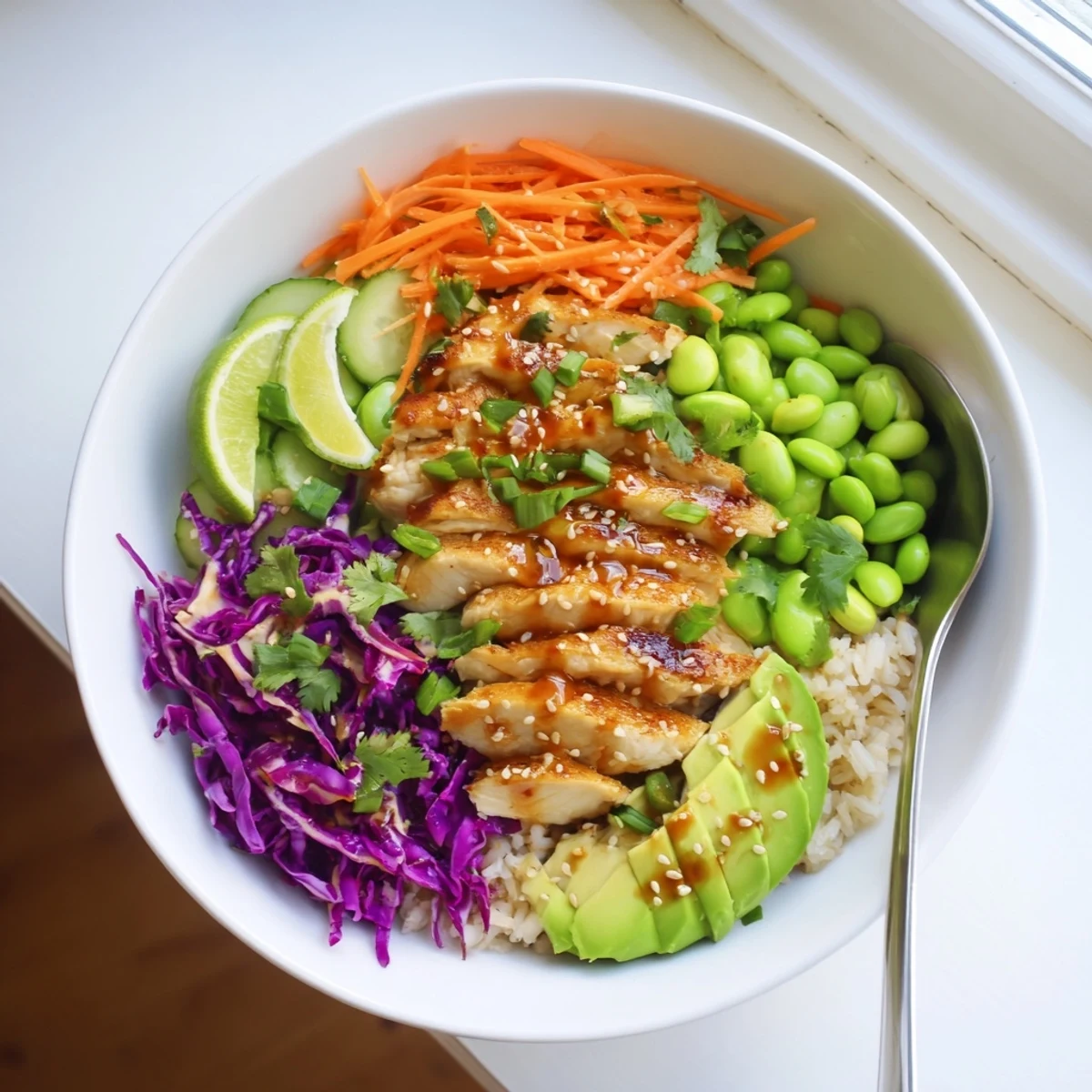 Colorful Asian Inspired Chicken Power Bowl with crisp veggies and sesame-ginger drizzle