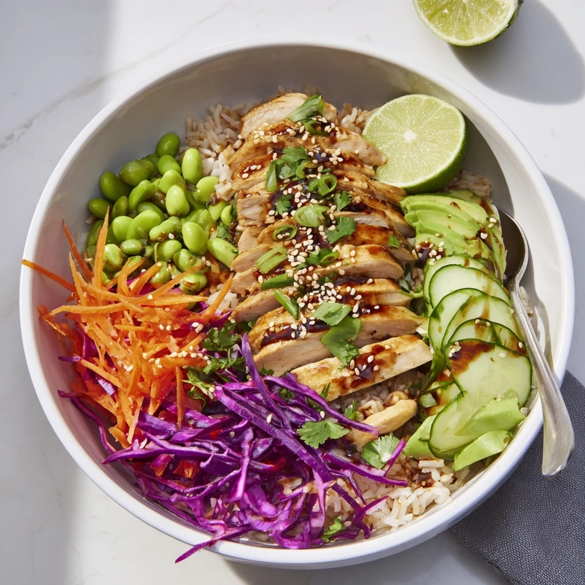 Golden marinated chicken strips over rice with vibrant cabbage and avocado slices