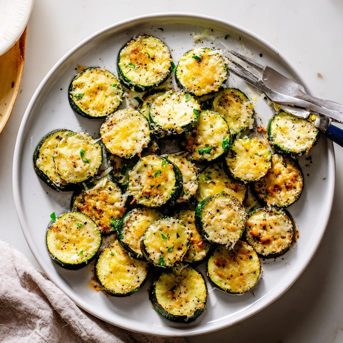 Golden Parmesan zucchini rounds with lemon pepper garnished with fresh parsley on a white plate