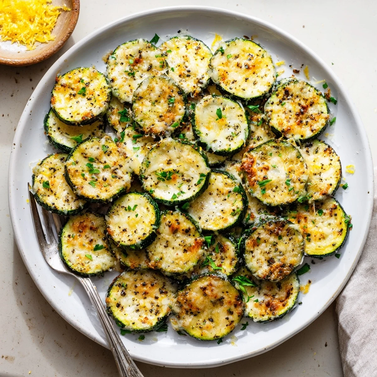 Tender baked zucchini slices coated in melted Parmesan cheese with bright lemon and cracked pepper seasoning