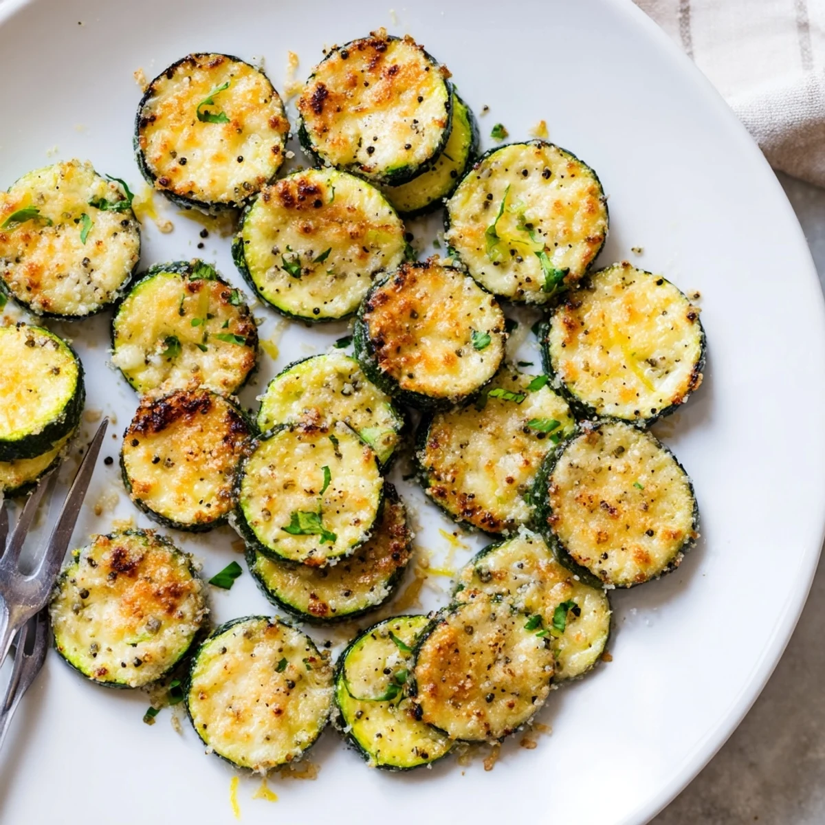 Crispy lemon pepper Parmesan zucchini arranged on parchment paper with gooey golden cheese and zesty flecks