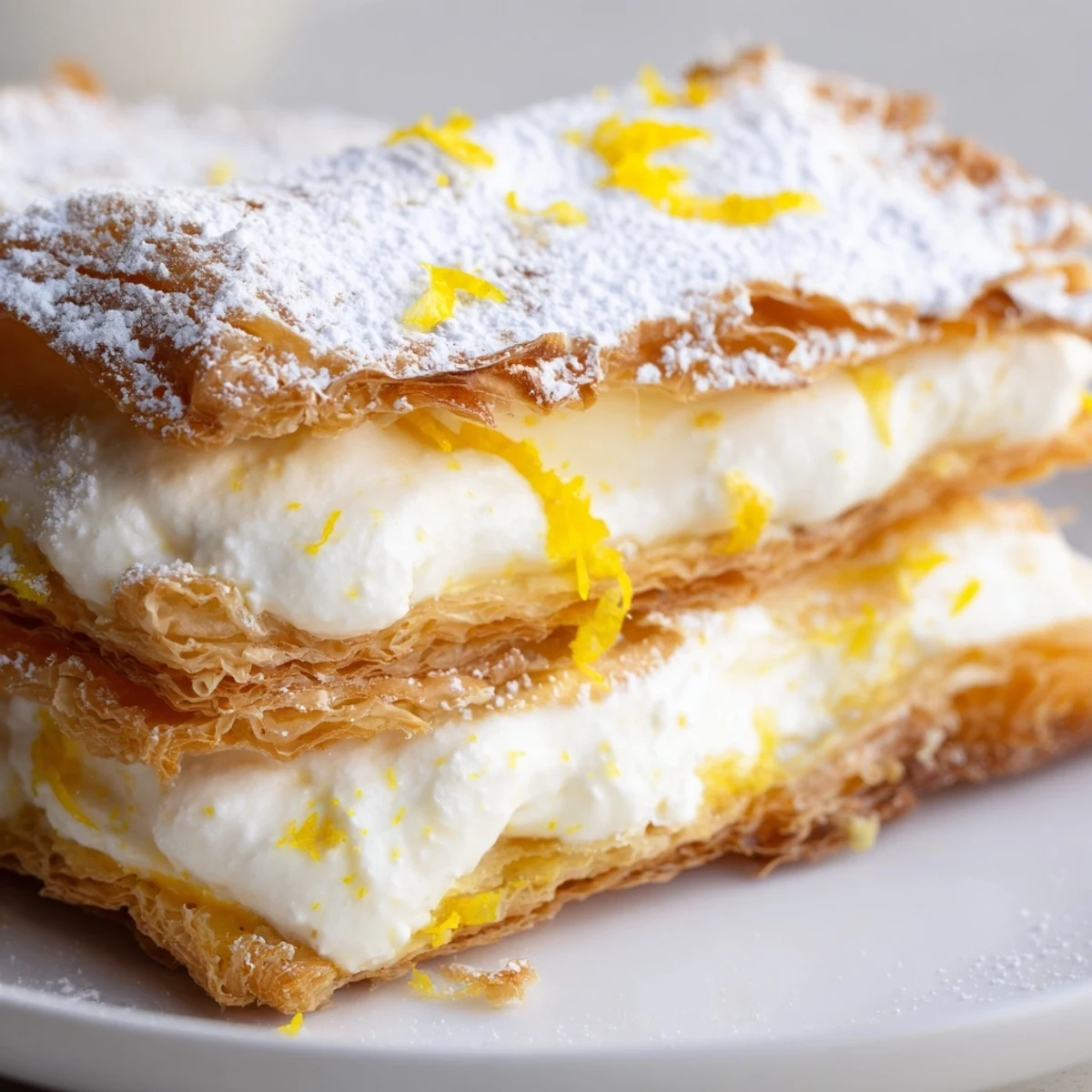 Golden puff pastry layers with creamy lemon ricotta mille feuille dusted in powdered sugar