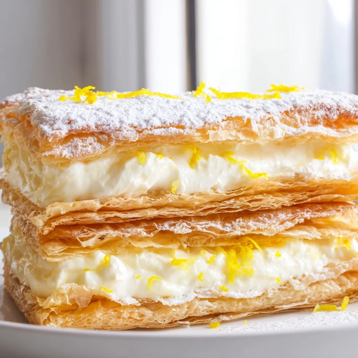 Crisp lemon ricotta puff pastry mille feuille topped with fresh citrus zest