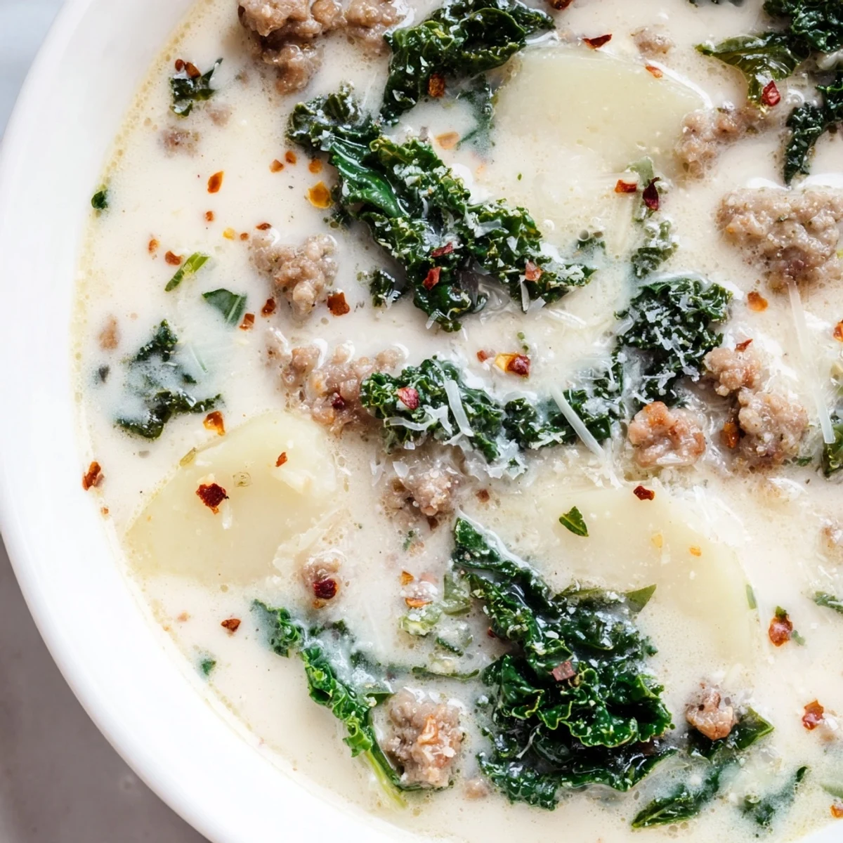 Creamy Zuppa Toscana soup with sausage, kale, and potatoes in rustic bowls