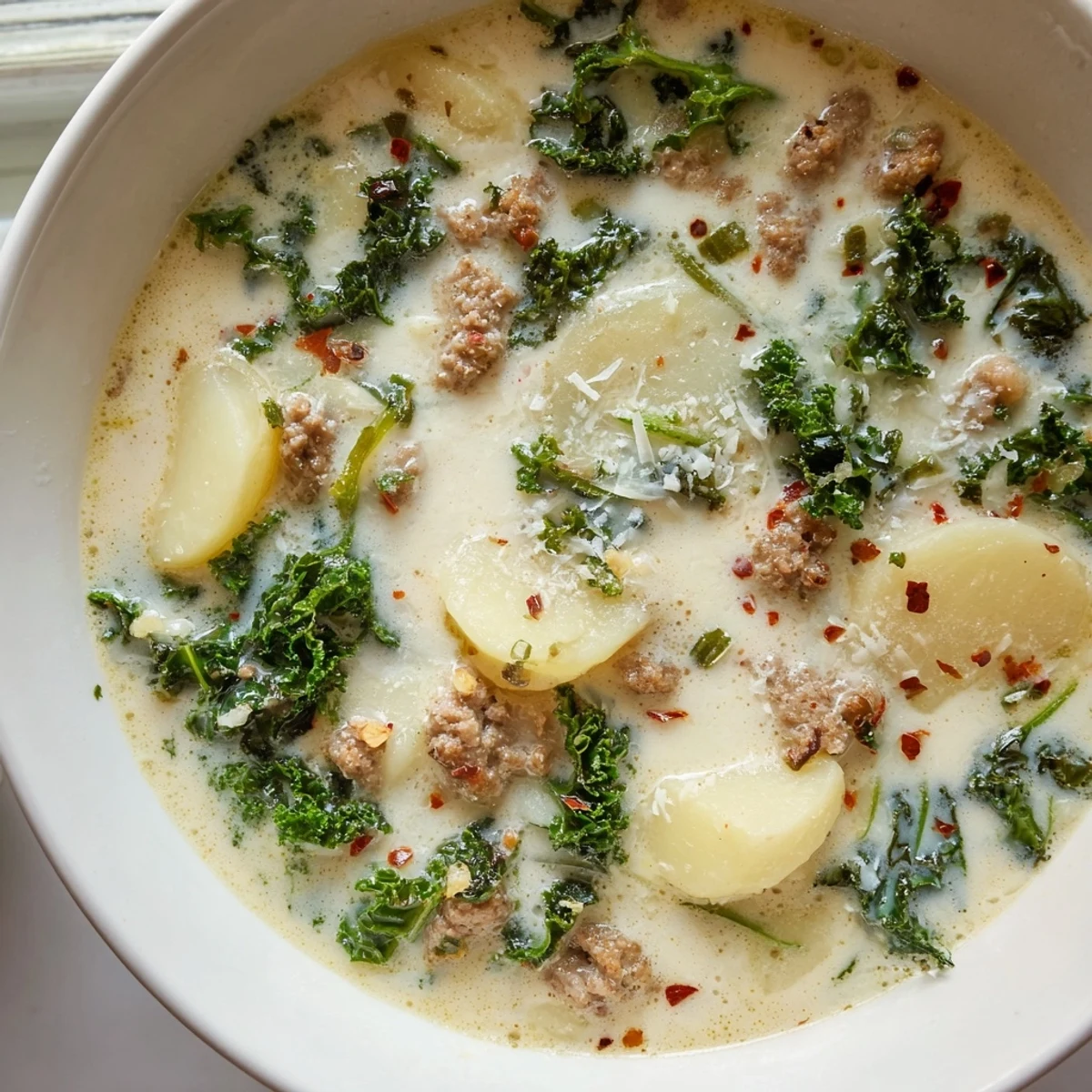 Hearty Zuppa Toscana soup featuring tender potatoes, crumbled sausage, and velvety cream broth