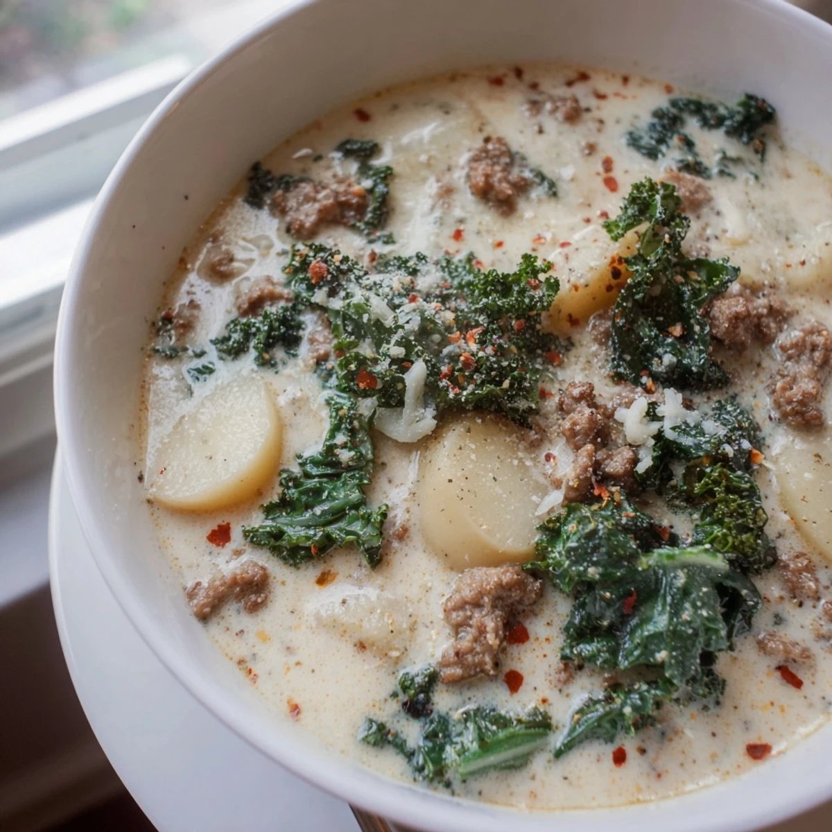 Steaming bowl of Zuppa Toscana soup topped with grated Parmesan and parsley