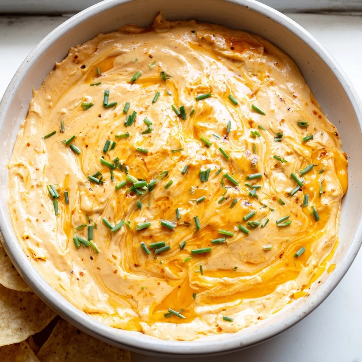 Warm cheese dip in a bowl surrounded by tortilla chips and veggie sticks