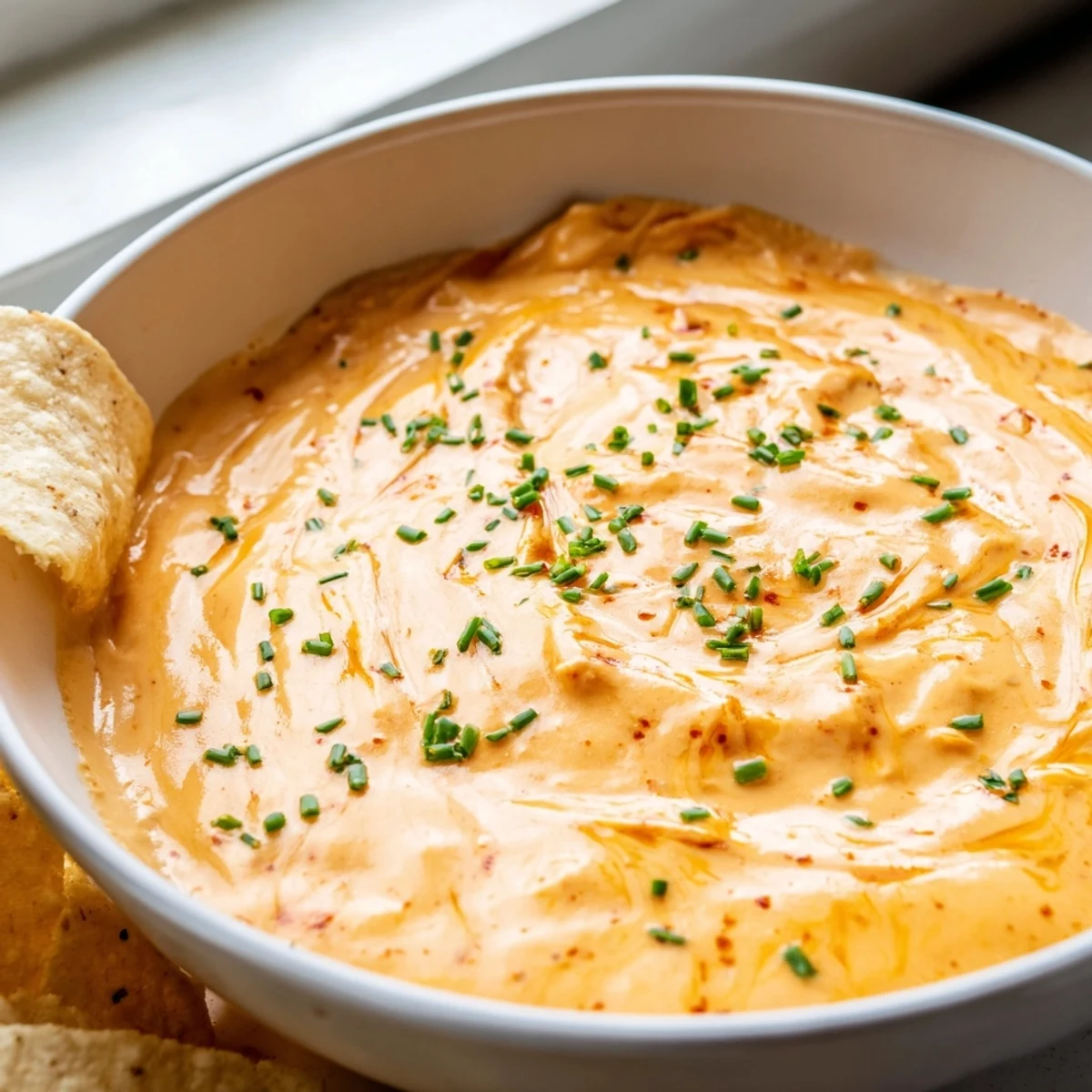 Creamy cheese dip topped with chives served in a rustic bowl