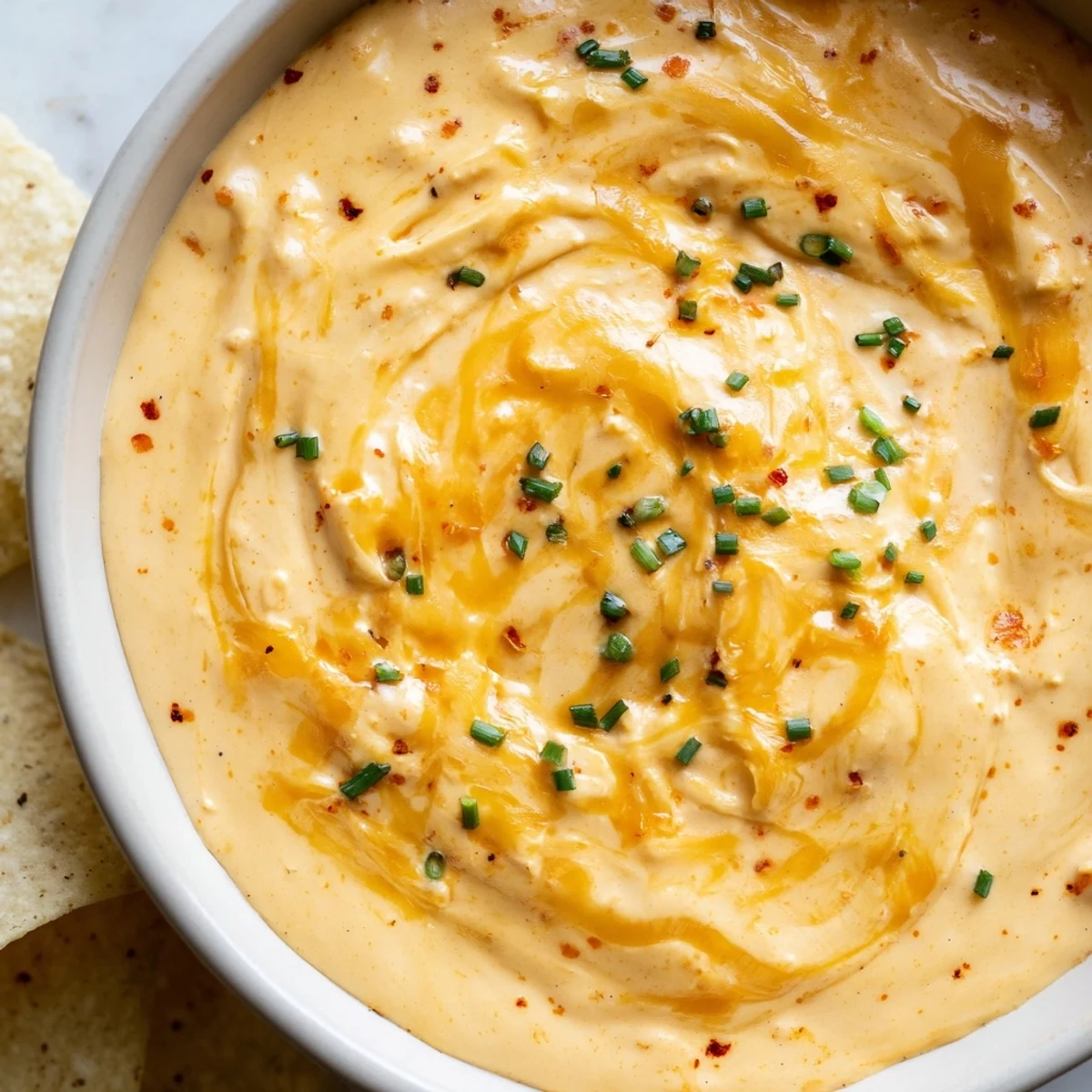Melted cheese dip bubbling in a cast iron skillet ready for dipping