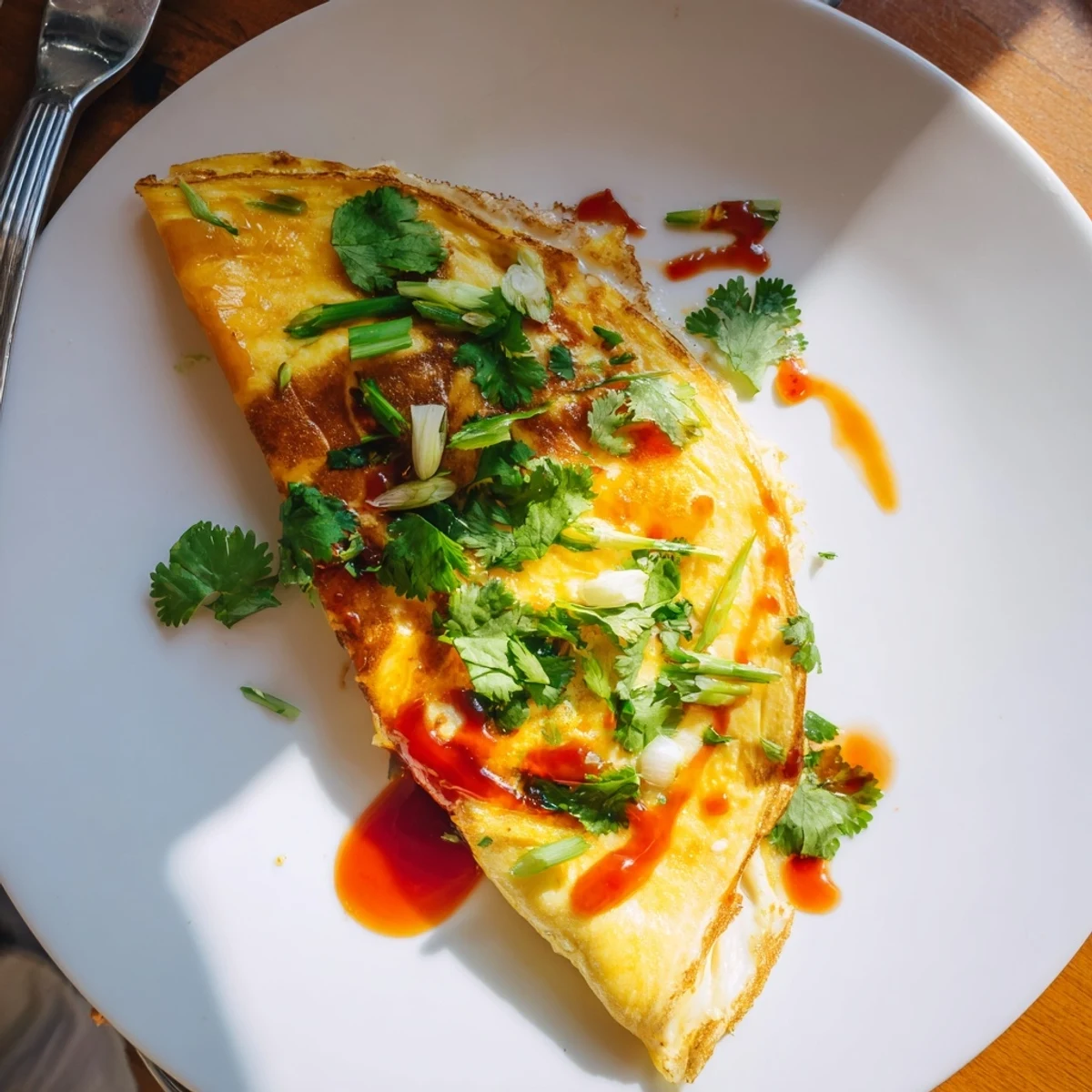 Fluffy Chinese omelette drizzled with soy sauce, garnished with cilantro and chili