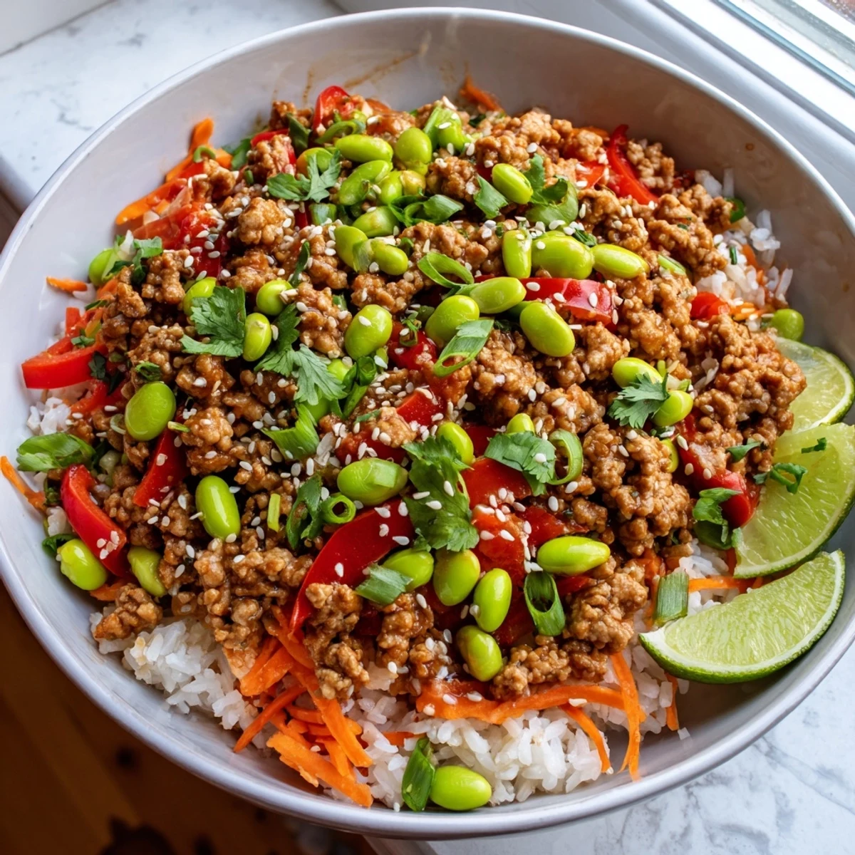 Hearty ground turkey rice bowls topped with colorful bell peppers, edamame, and sesame seeds