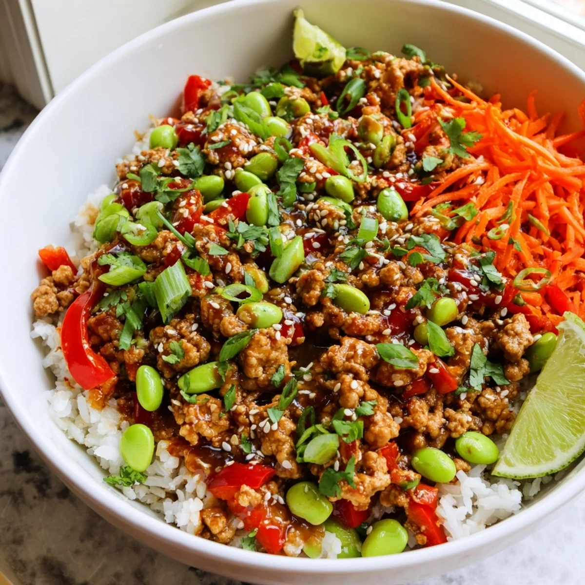 Steaming ground turkey rice bowls drizzled with savory soy ginger sauce and fresh cilantro