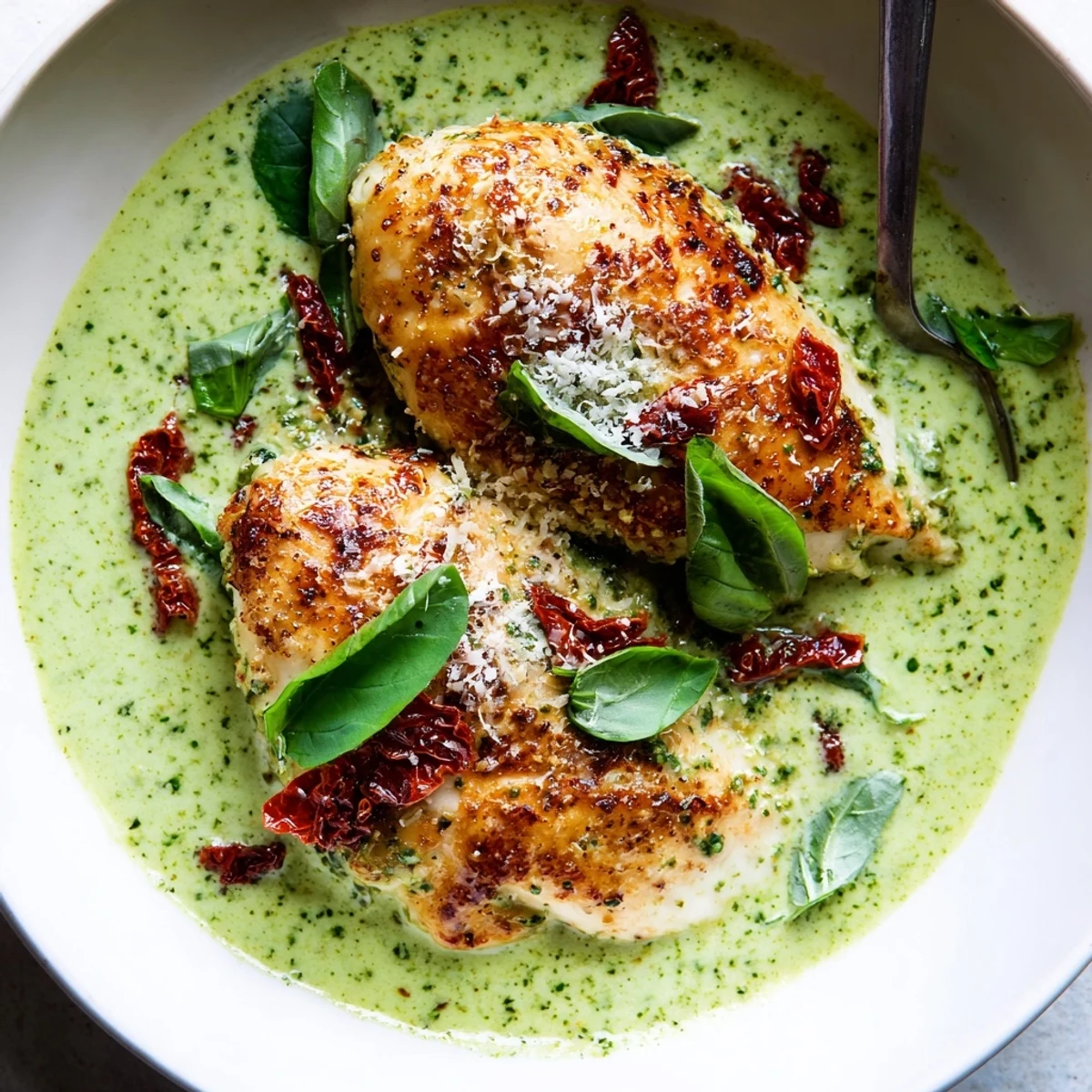 Golden seared Marry Me Chicken Pesto swimming in a creamy, herb-flecked sun-dried tomato sauce